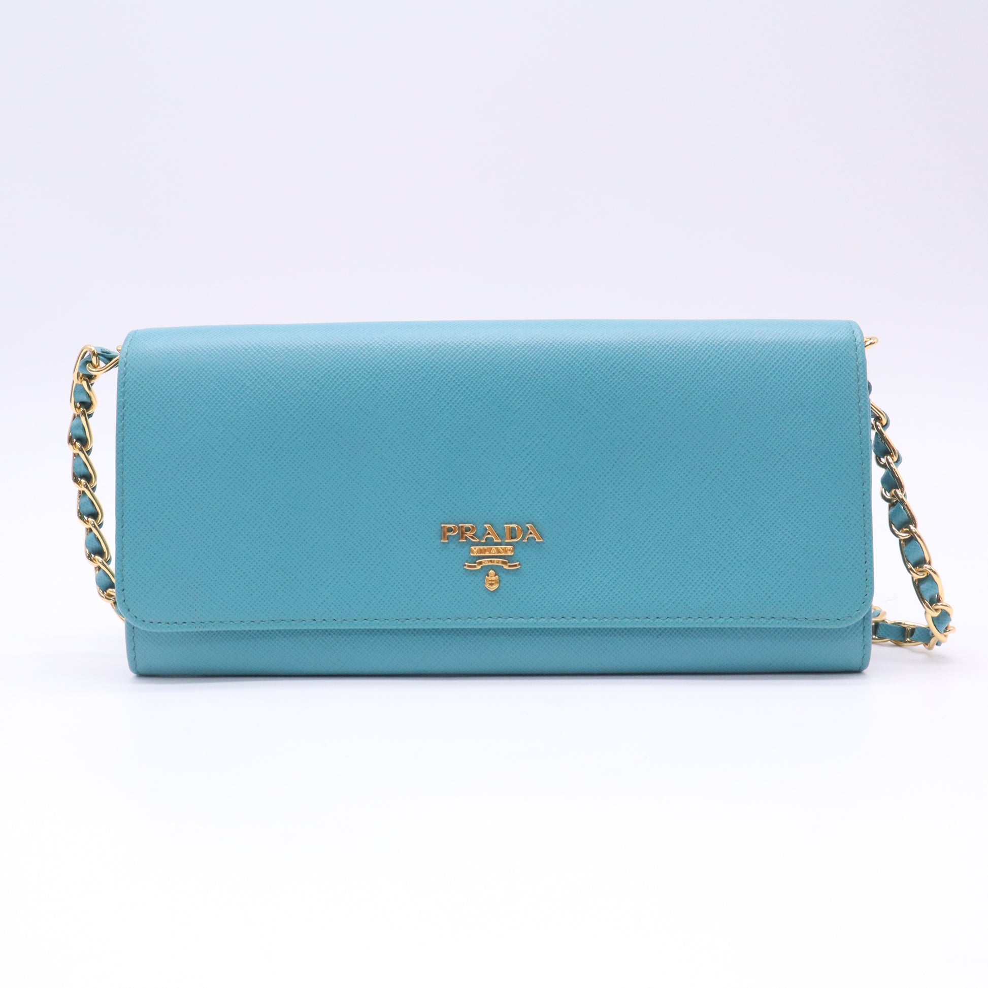 Prada Turquoise Saffiano Metal Leather Wallet on Chain Clutch Bag twins W22729