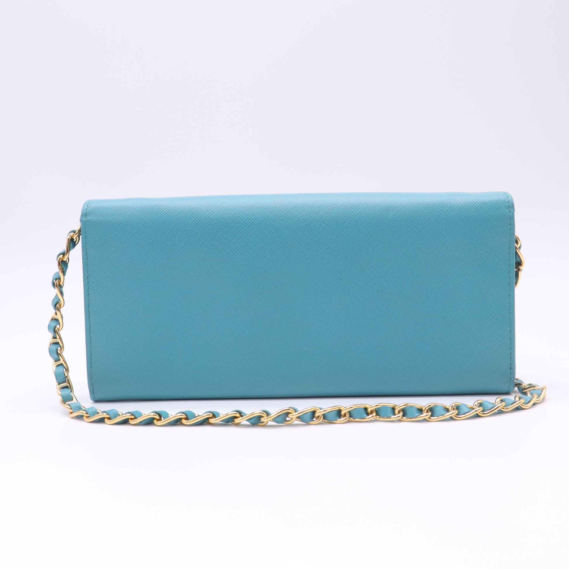 Prada Turquoise Saffiano Metal Leather Wallet on Chain Clutch Bag twins W22729