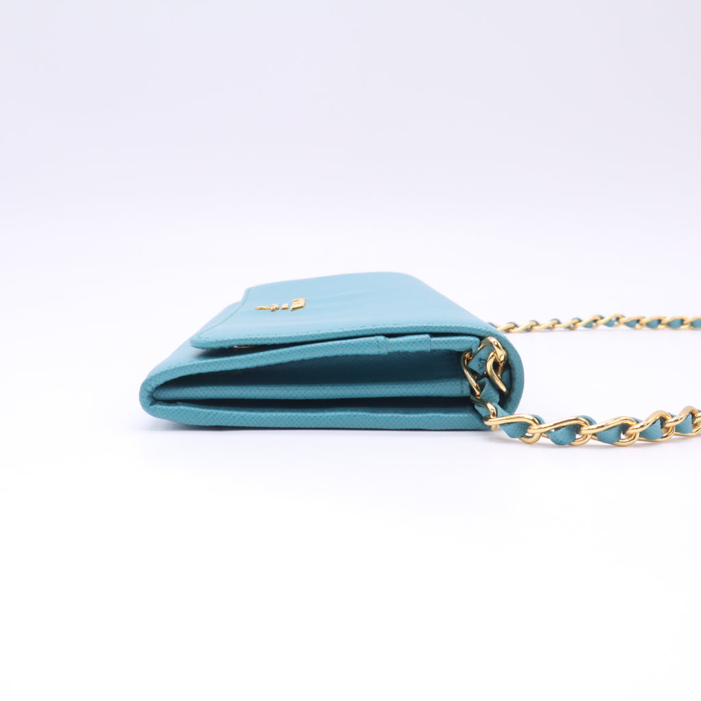 Prada Turquoise Saffiano Metal Leather Wallet on Chain Clutch Bag twins W22729
