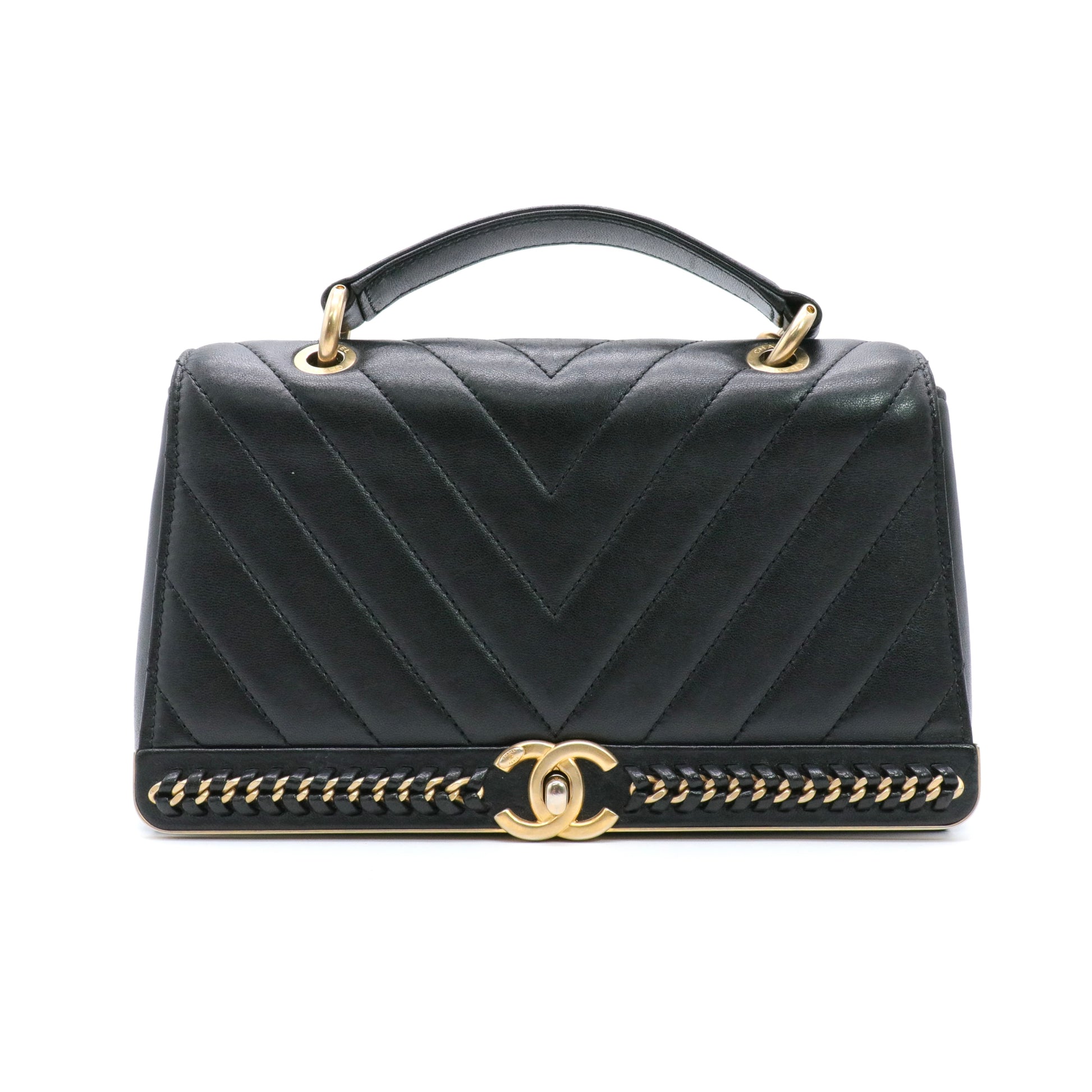 Chevron Stitched Chain Top Handle Flap Bag Twins