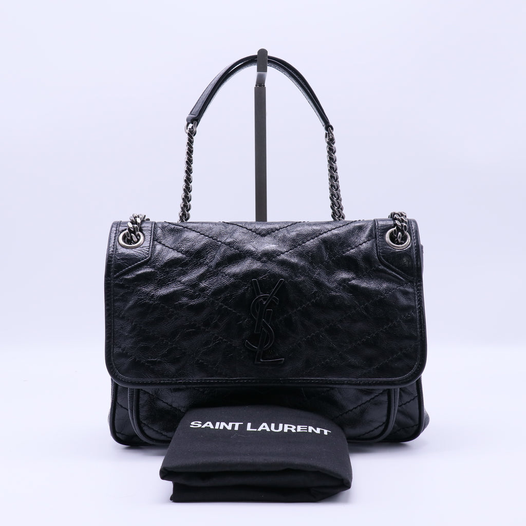 Saint Laurent Crinkled Calfskin Matelasse Monogram Baby Niki Chain Satchel Black Twins LDJ4231