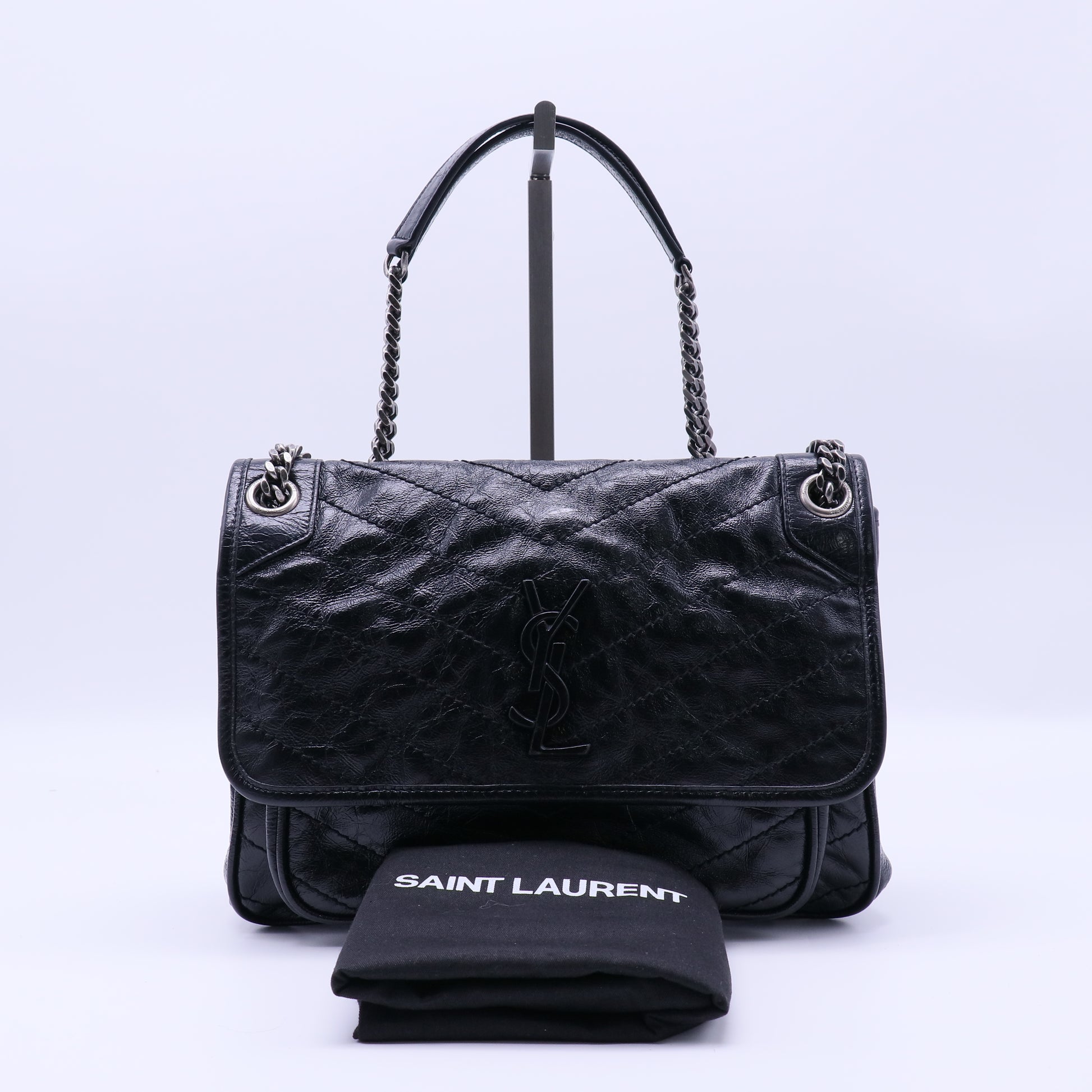 Saint Laurent Crinkled Calfskin Matelasse Monogram Baby Niki Chain Satchel Black Twins LDJ4231