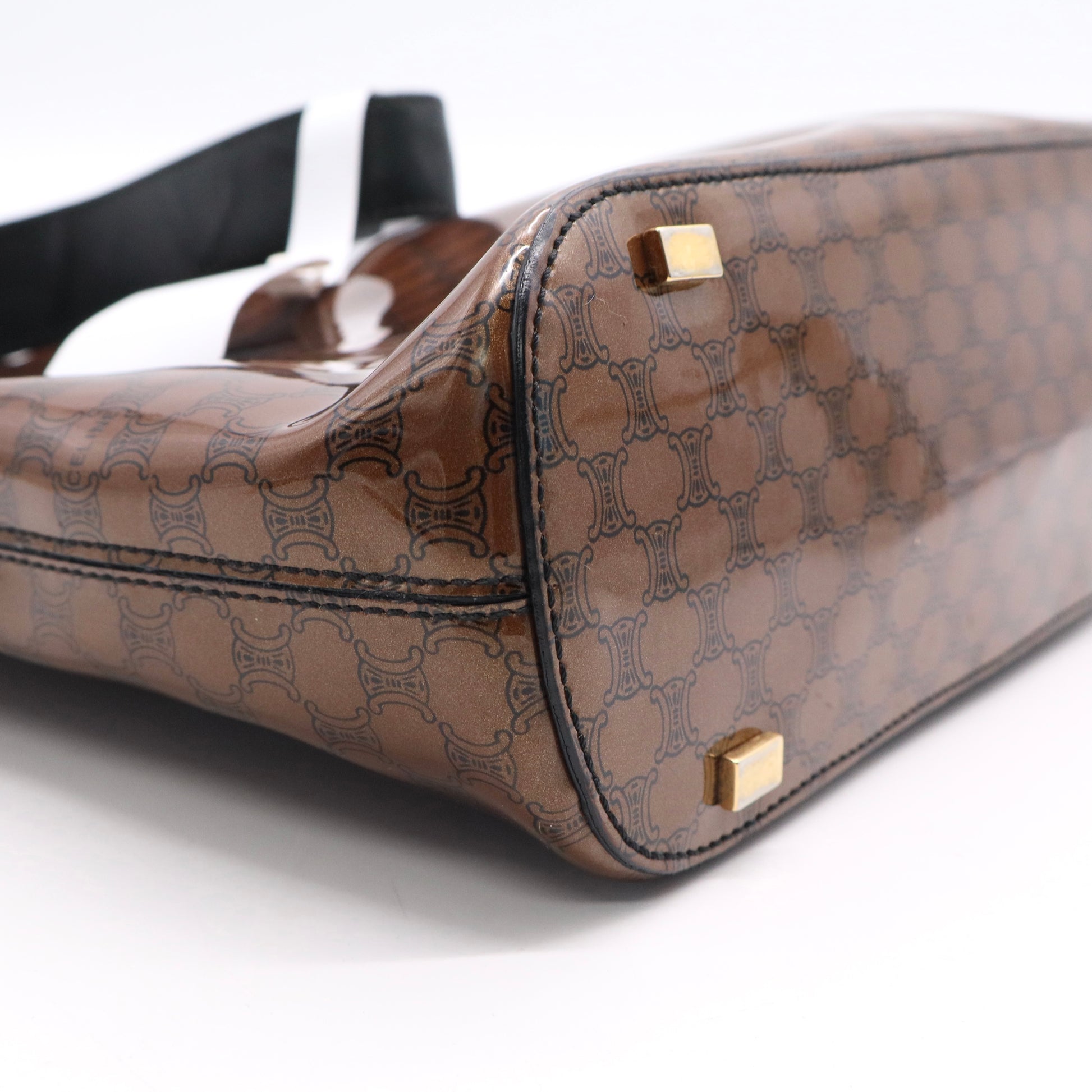 CELINE Macadam C anvas Hand Bag Enamel Brown Gold B20341