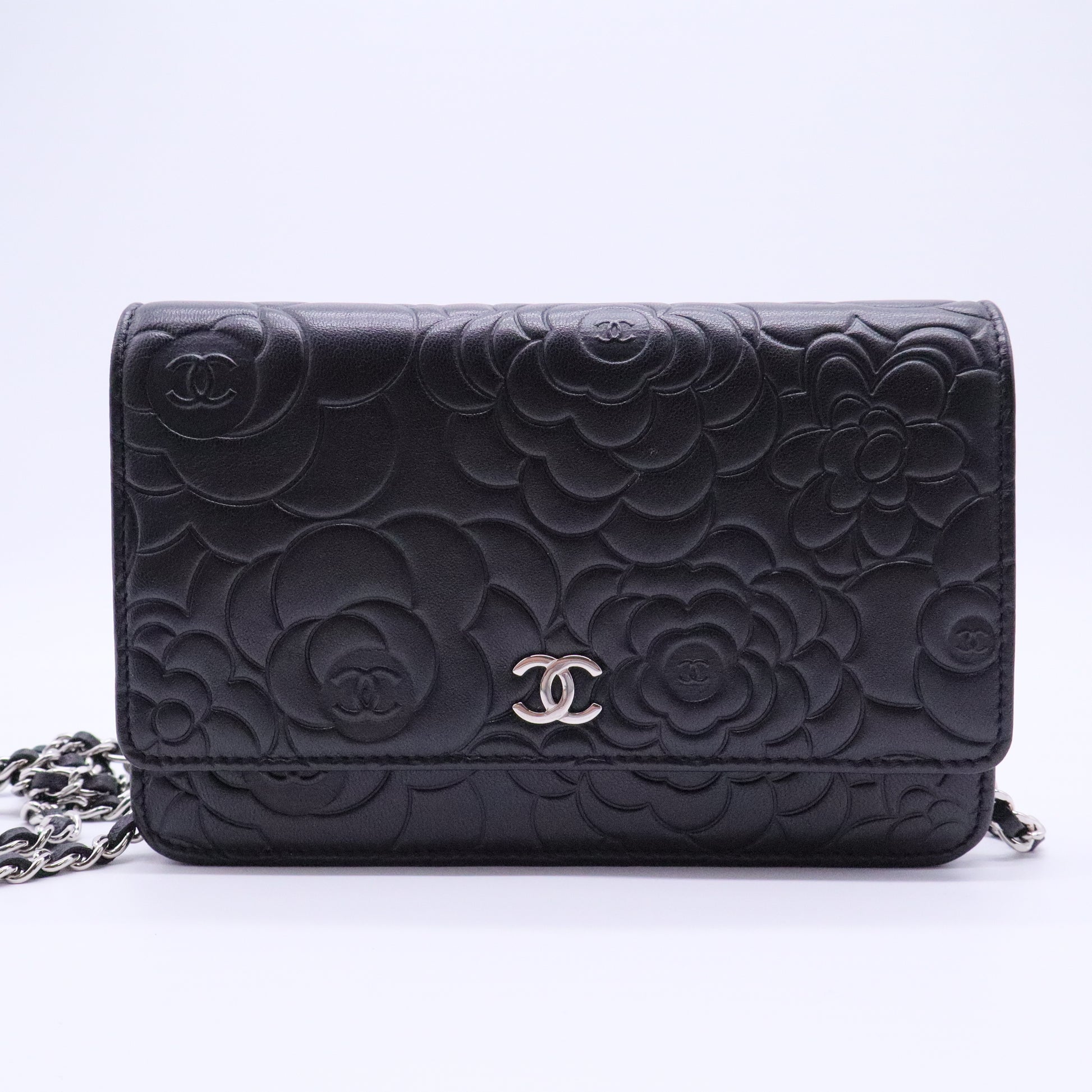 Black Lambskin Leather Camellia Embossed WOC Clutch Bag