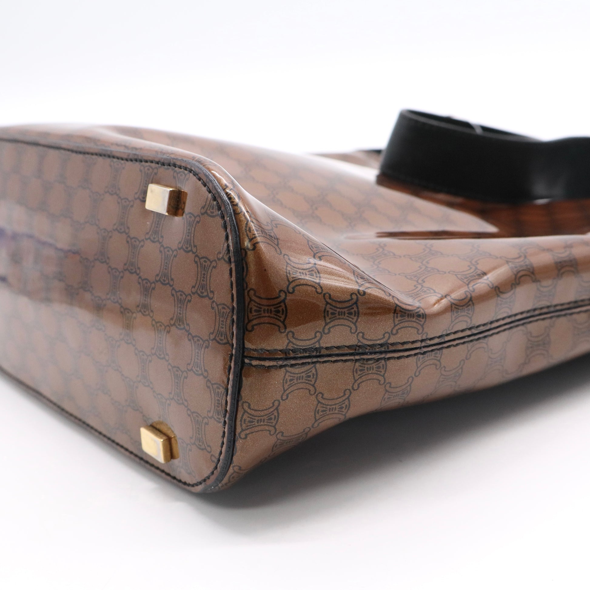 CELINE Macadam C anvas Hand Bag Enamel Brown Gold B20341