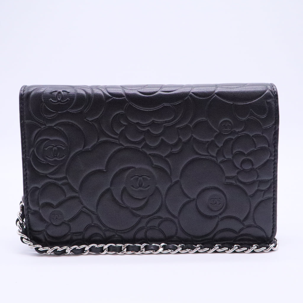 Black Lambskin Leather Camellia Embossed WOC Clutch Bag