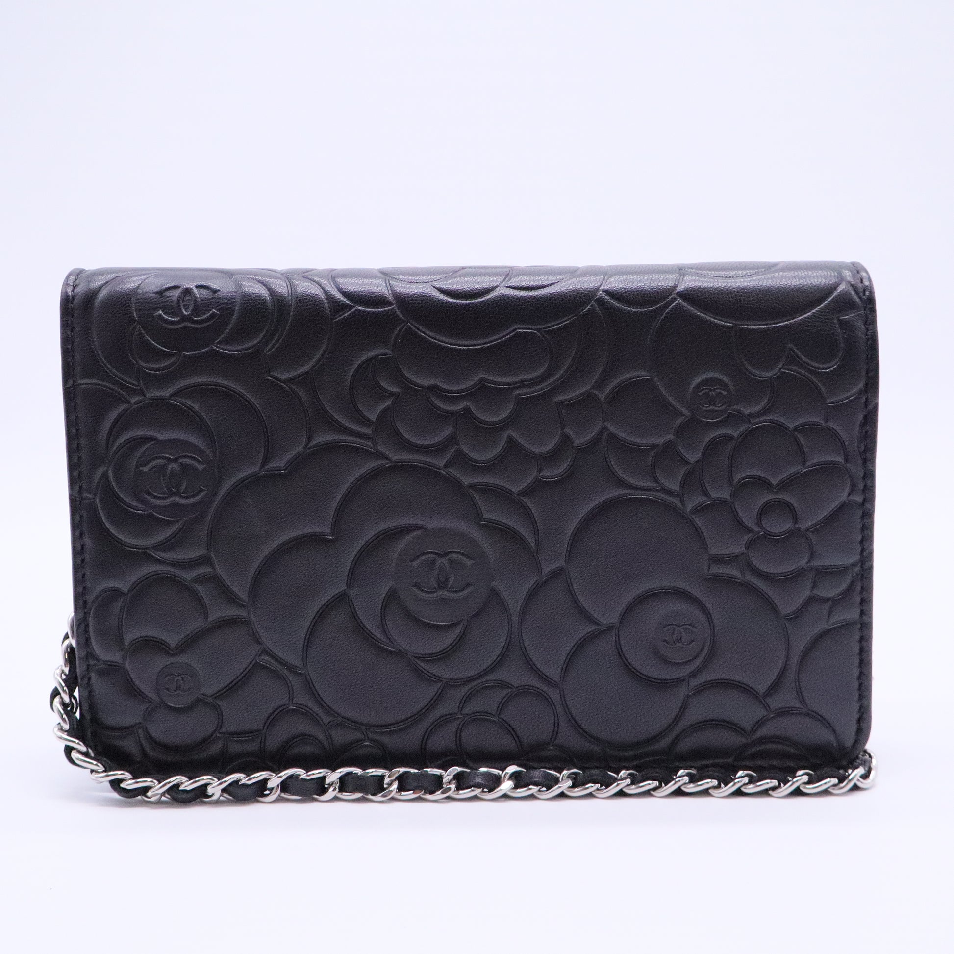 Black Lambskin Leather Camellia Embossed WOC Clutch Bag