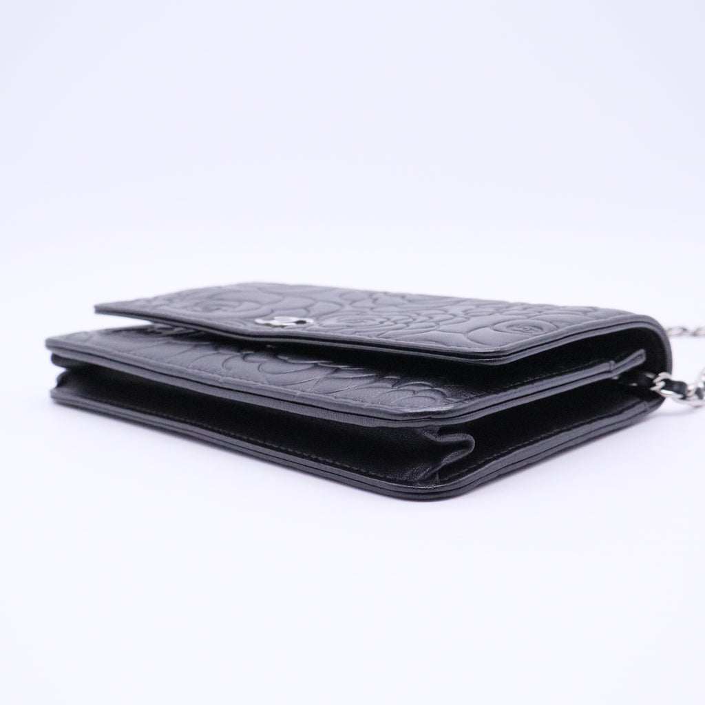 Black Lambskin Leather Camellia Embossed WOC Clutch Bag
