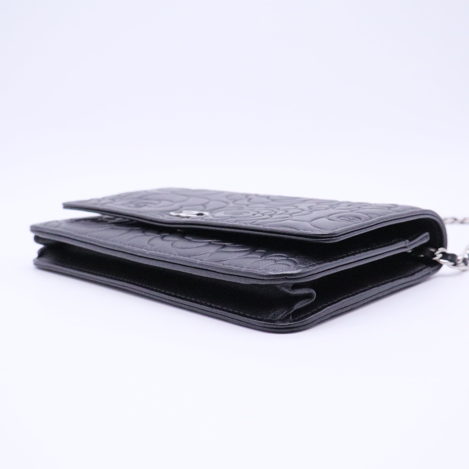 Black Lambskin Leather Camellia Embossed WOC Clutch Bag