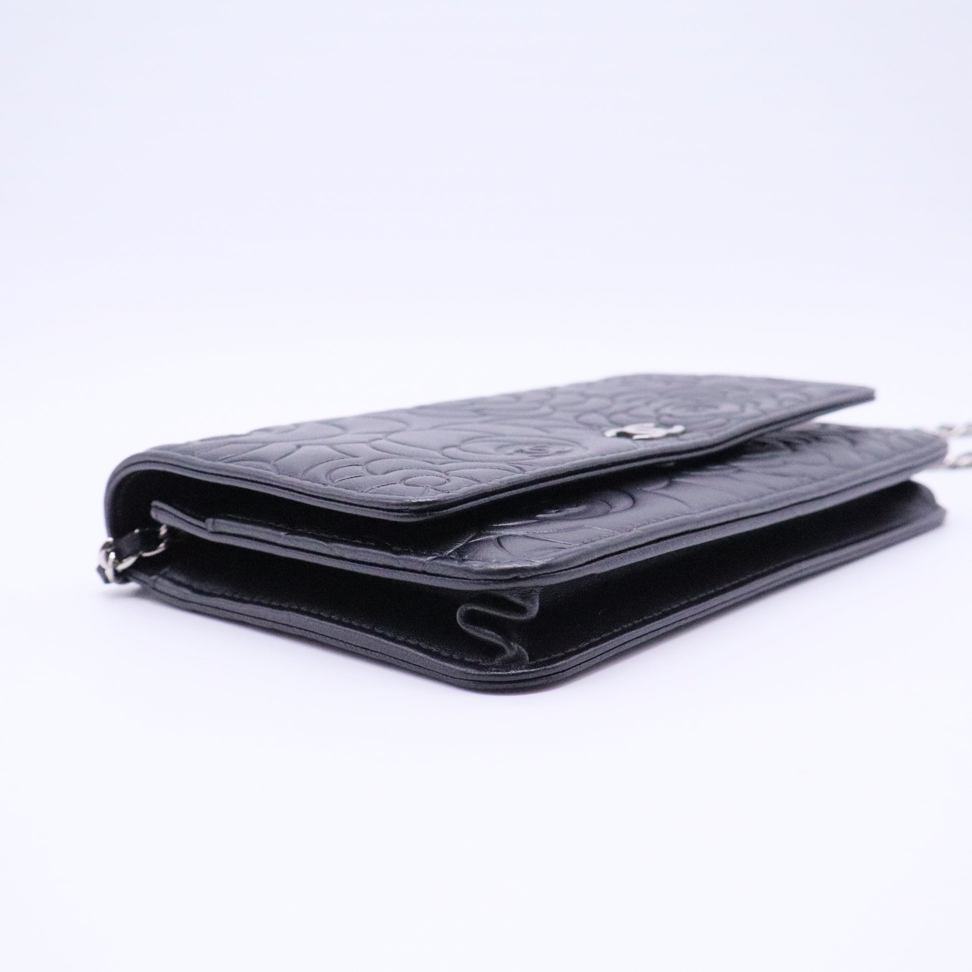 Black Lambskin Leather Camellia Embossed WOC Clutch Bag