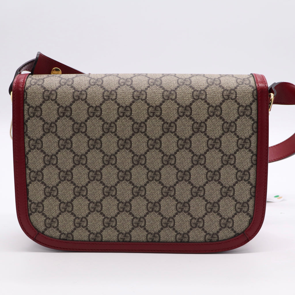 Gucci GG Supreme Monogram Azalea Calfskin Horsebit 1955 Shoulder Bag Beigery Red B20512