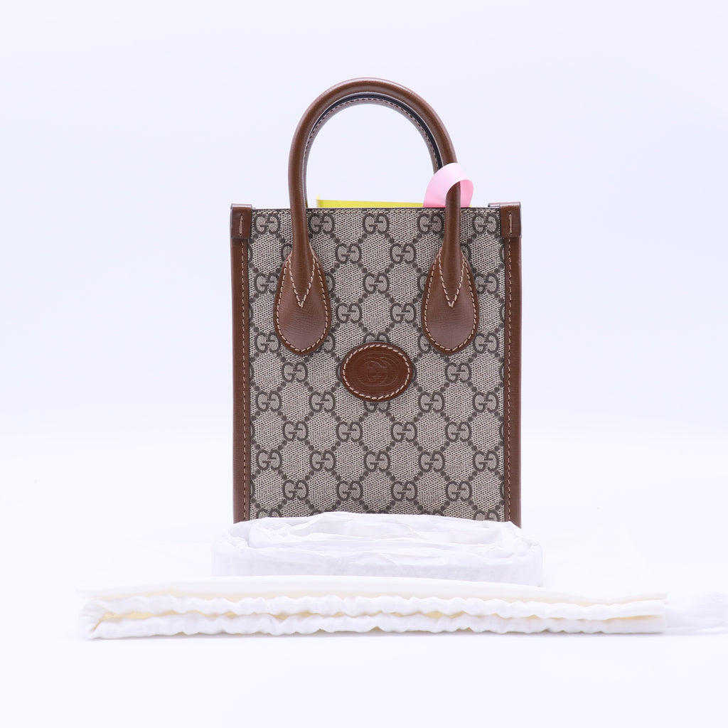 Gucci GG Supreme Monogram Azalea Calfskin Mini Retro Interlocking G Tote Bag Beige Ebony Brown Sugar twins LDJ4200