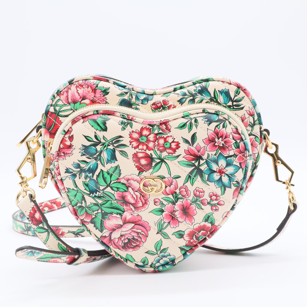 Multicolor Floral Printed Leather Interlocking G Heart Shoulder Bag
