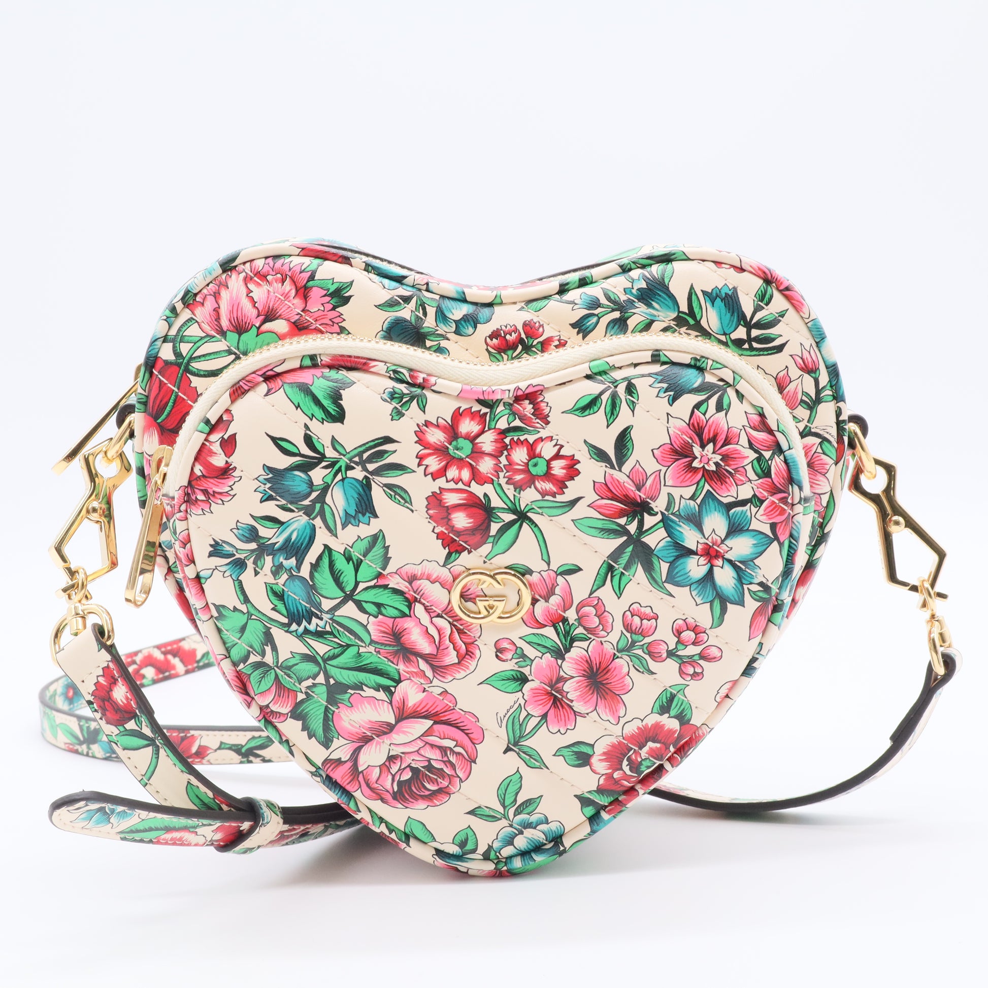 Multicolor Floral Printed Leather Interlocking G Heart Shoulder Bag