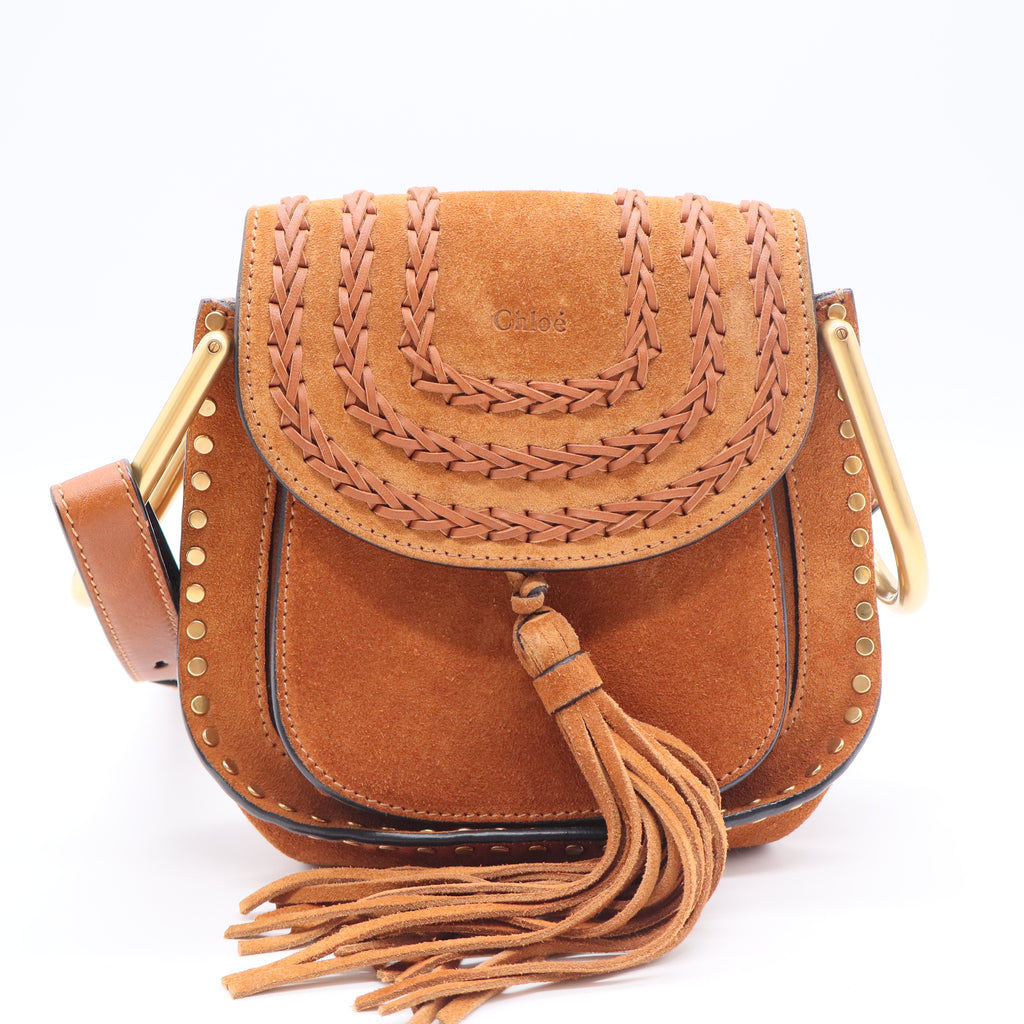 Suede Calfskin Braided Mini Hudson Shoulder Bag Caramel