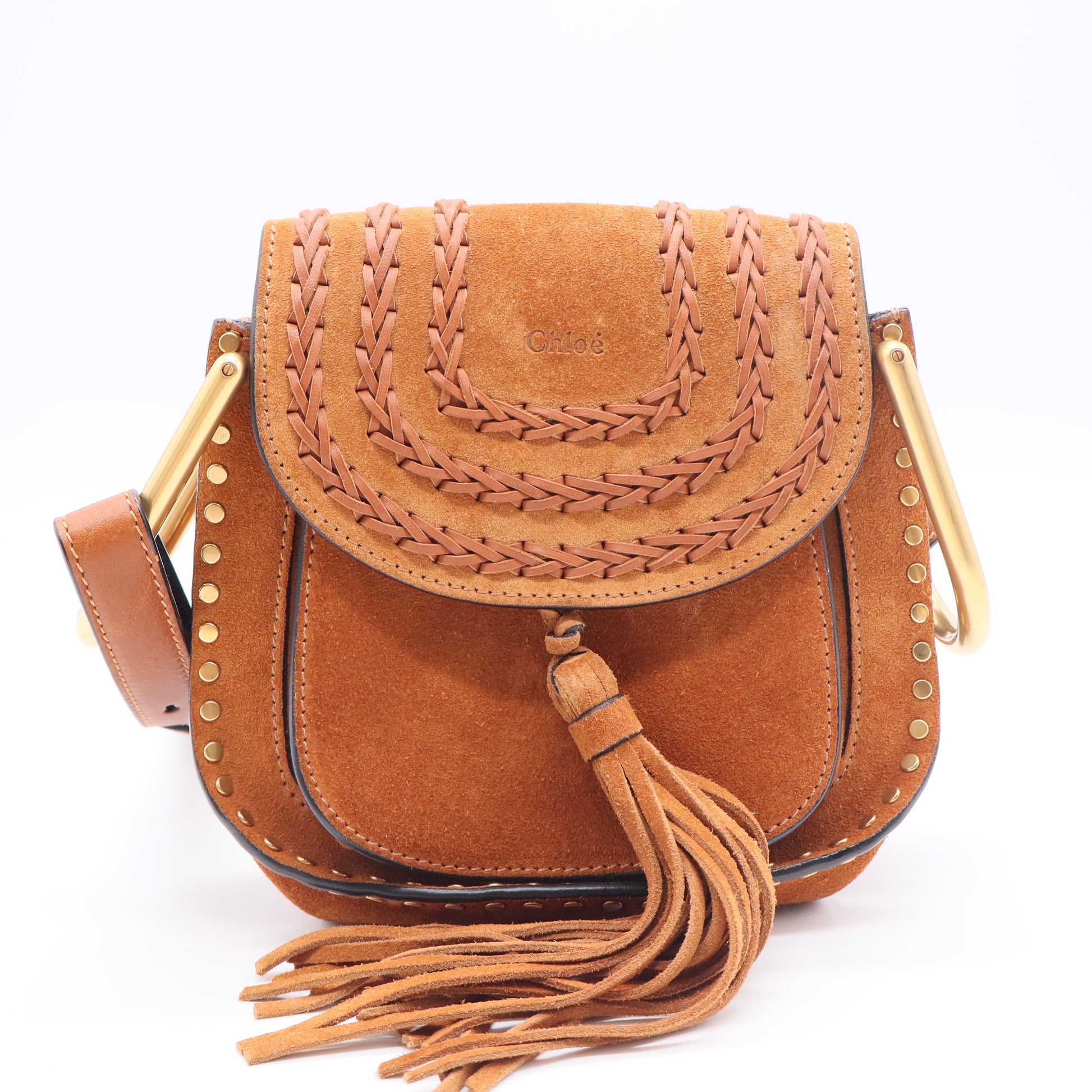 Suede Calfskin Braided Mini Hudson Shoulder Bag Caramel