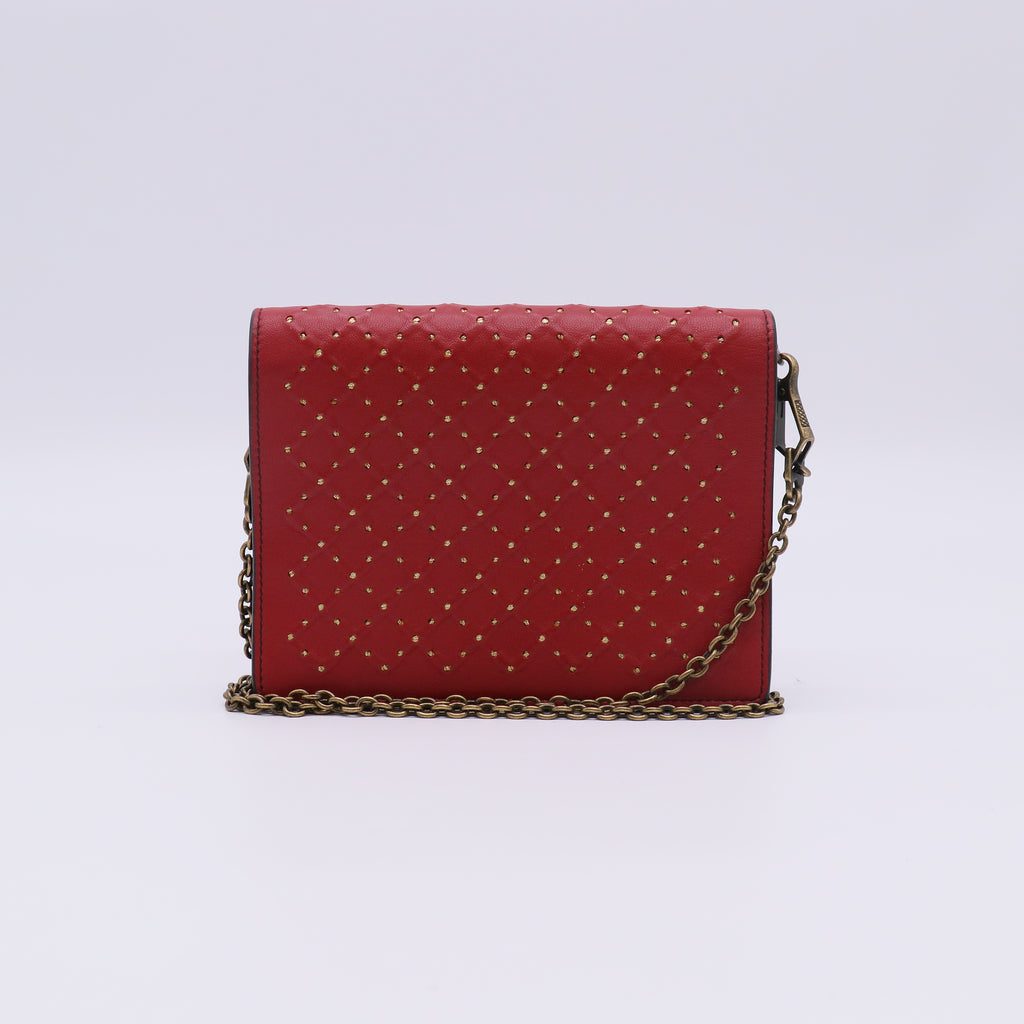 Red Studded Intrecciato Woven Nappa Leather Wallet-On-Chain Catena Crossbody Bag W22581