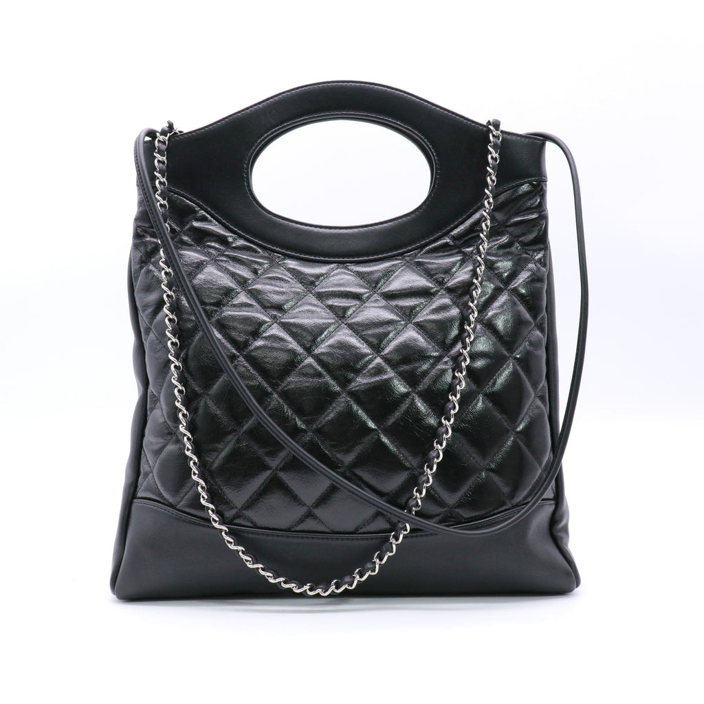 Glazed Lambskin Quilted Small 31 Shopping Bag Black Twins