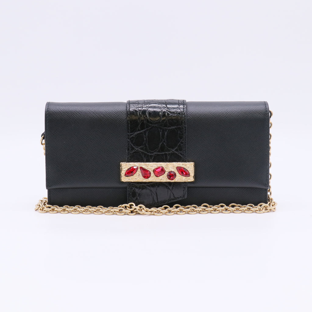 Prada Saffiano + Cocco Embellished Chain Wallet / Clutch B23475