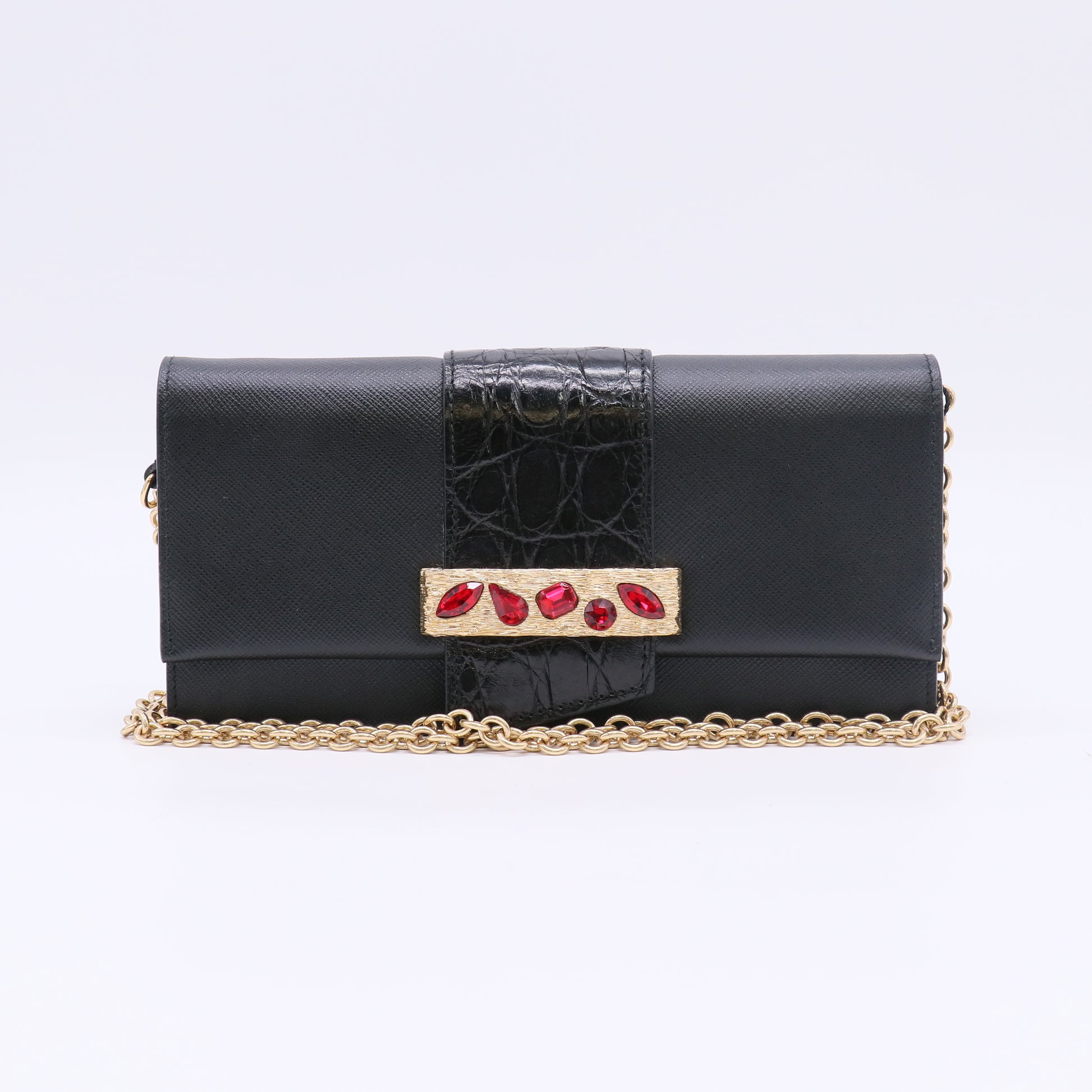 Prada Saffiano + Cocco Embellished Chain Wallet / Clutch B23475
