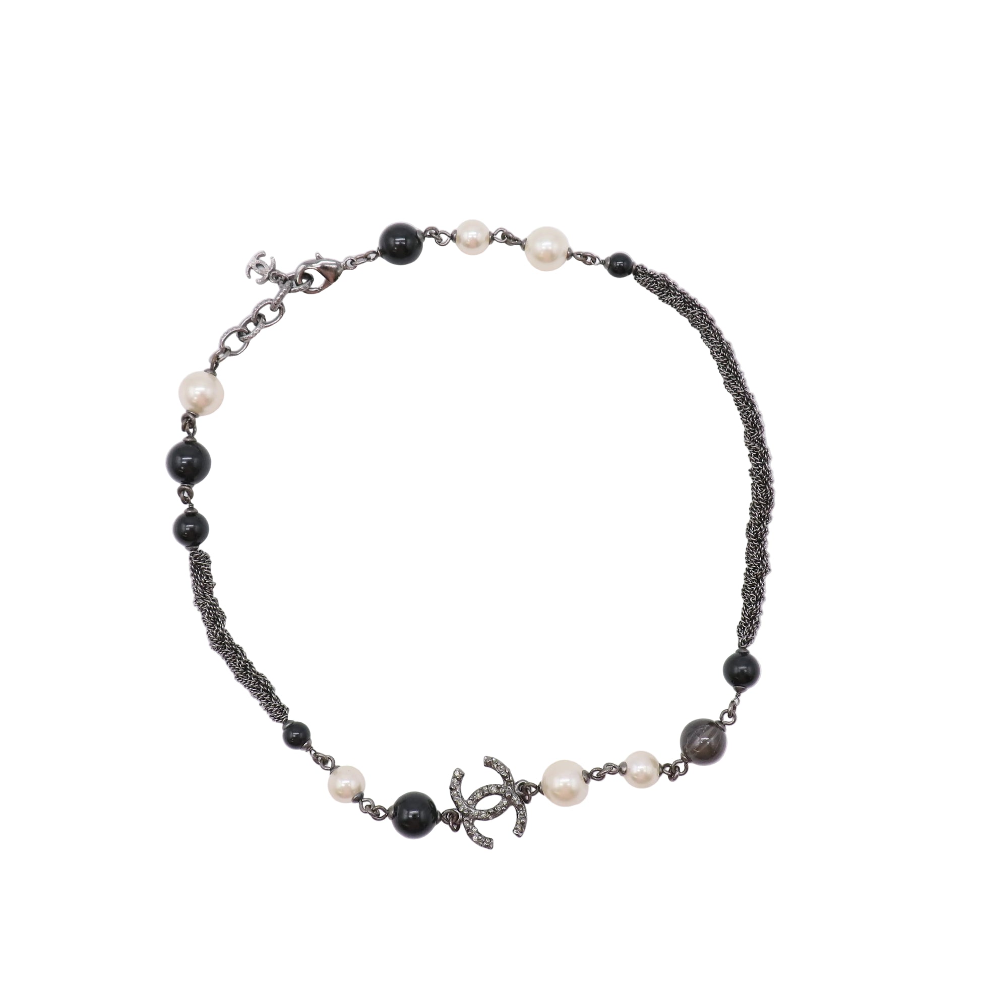 Chanel Metal Pearl Bead Crystal CC Necklace Silver Black Twins  LDJ4208