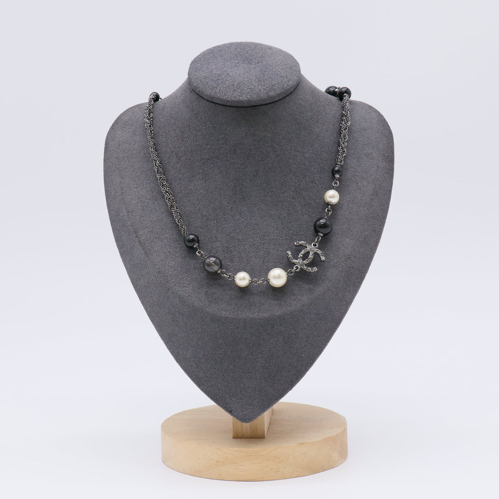 Chanel Metal Pearl Bead Crystal CC Necklace Silver Black Twins  LDJ4208