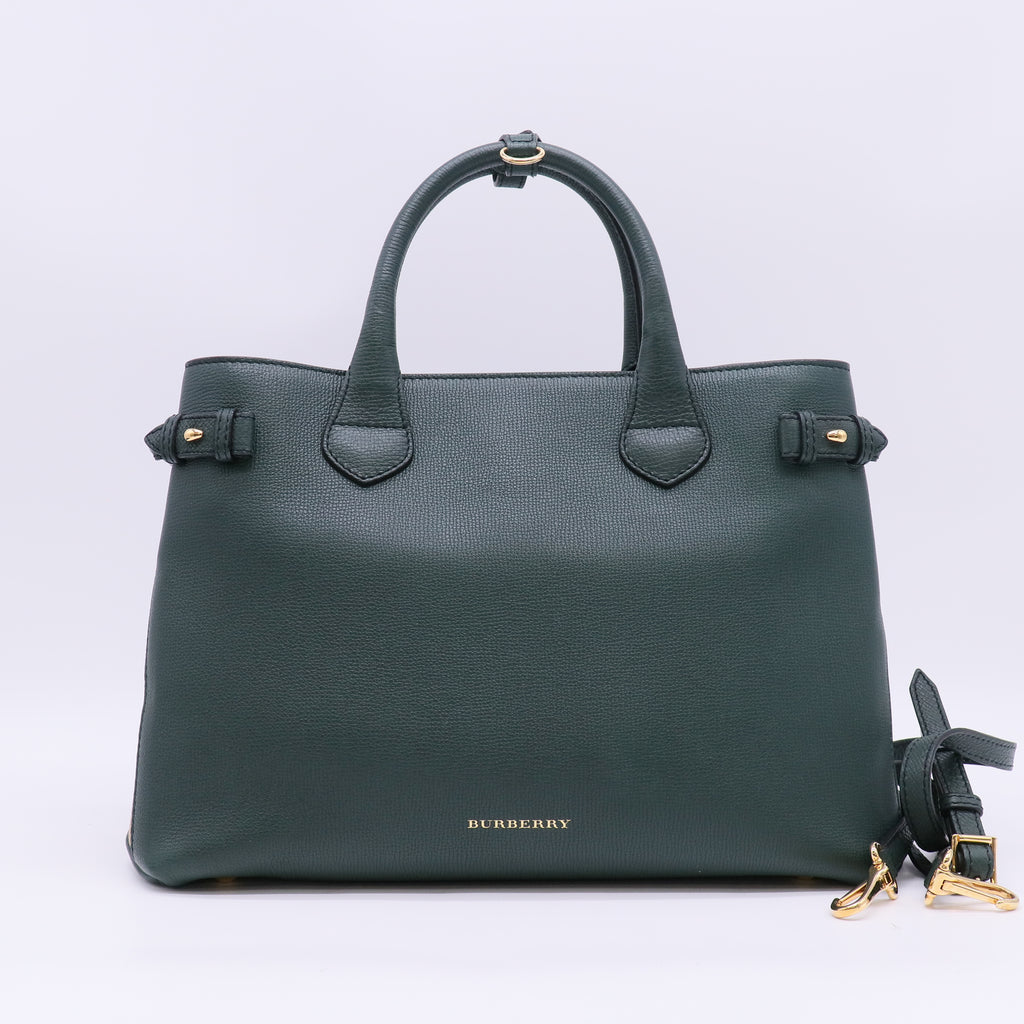 Burberry Bottle Green Calf Leather House Check Medium Banner Tote Bag B24004