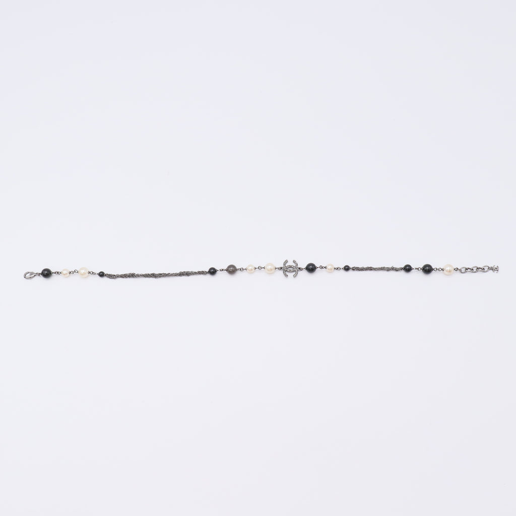 Chanel Metal Pearl Bead Crystal CC Necklace Silver Black Twins  LDJ4208