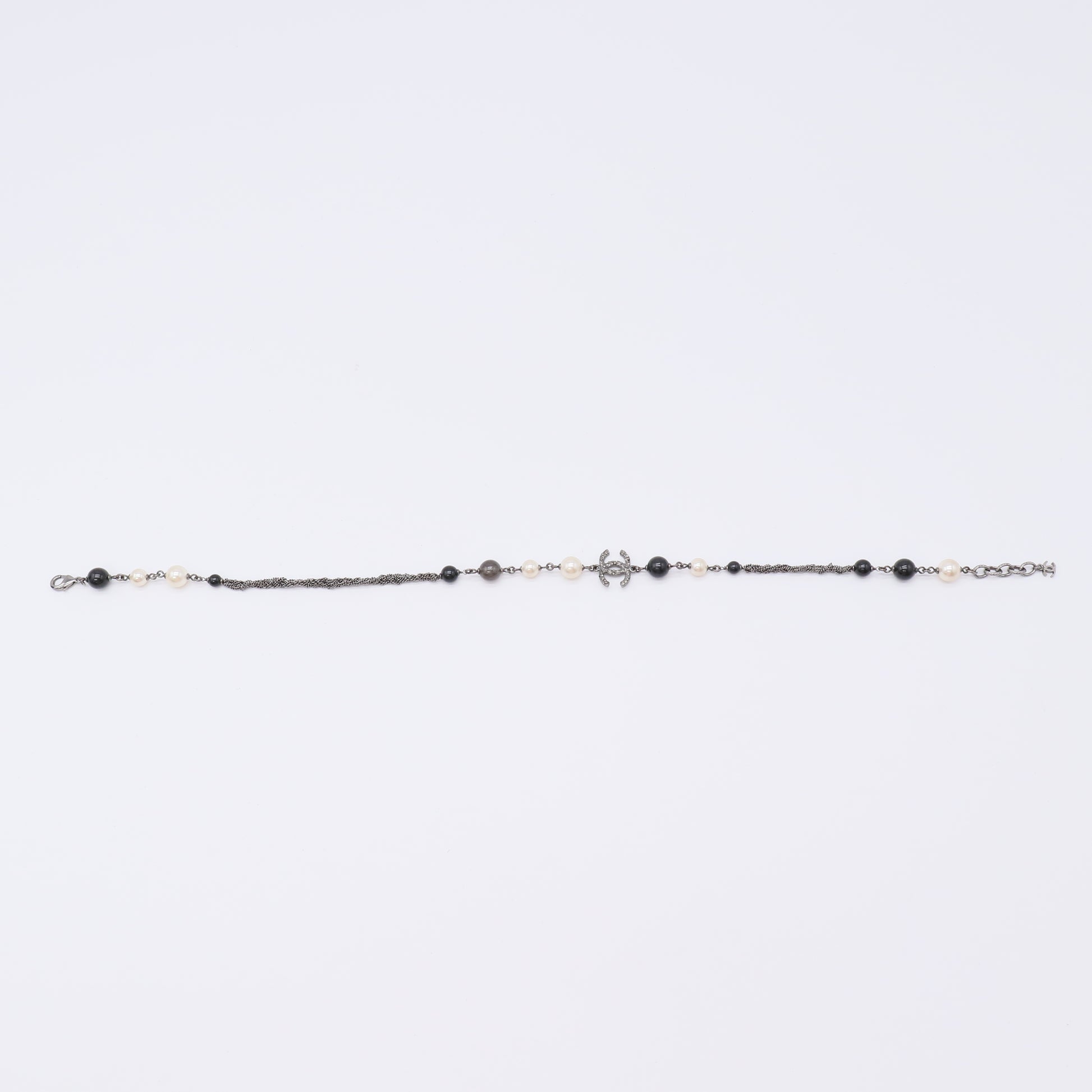 Chanel Metal Pearl Bead Crystal CC Necklace Silver Black Twins  LDJ4208