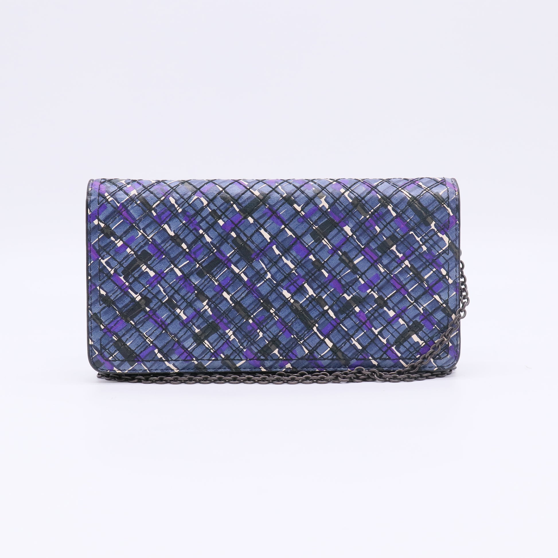 Bottega Veneta Printed Plaid Intrecciato Nappa Wallet on Chain / Clutch W22695