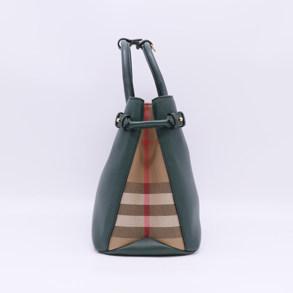 Burberry Bottle Green Calf Leather House Check Medium Banner Tote Bag B24004