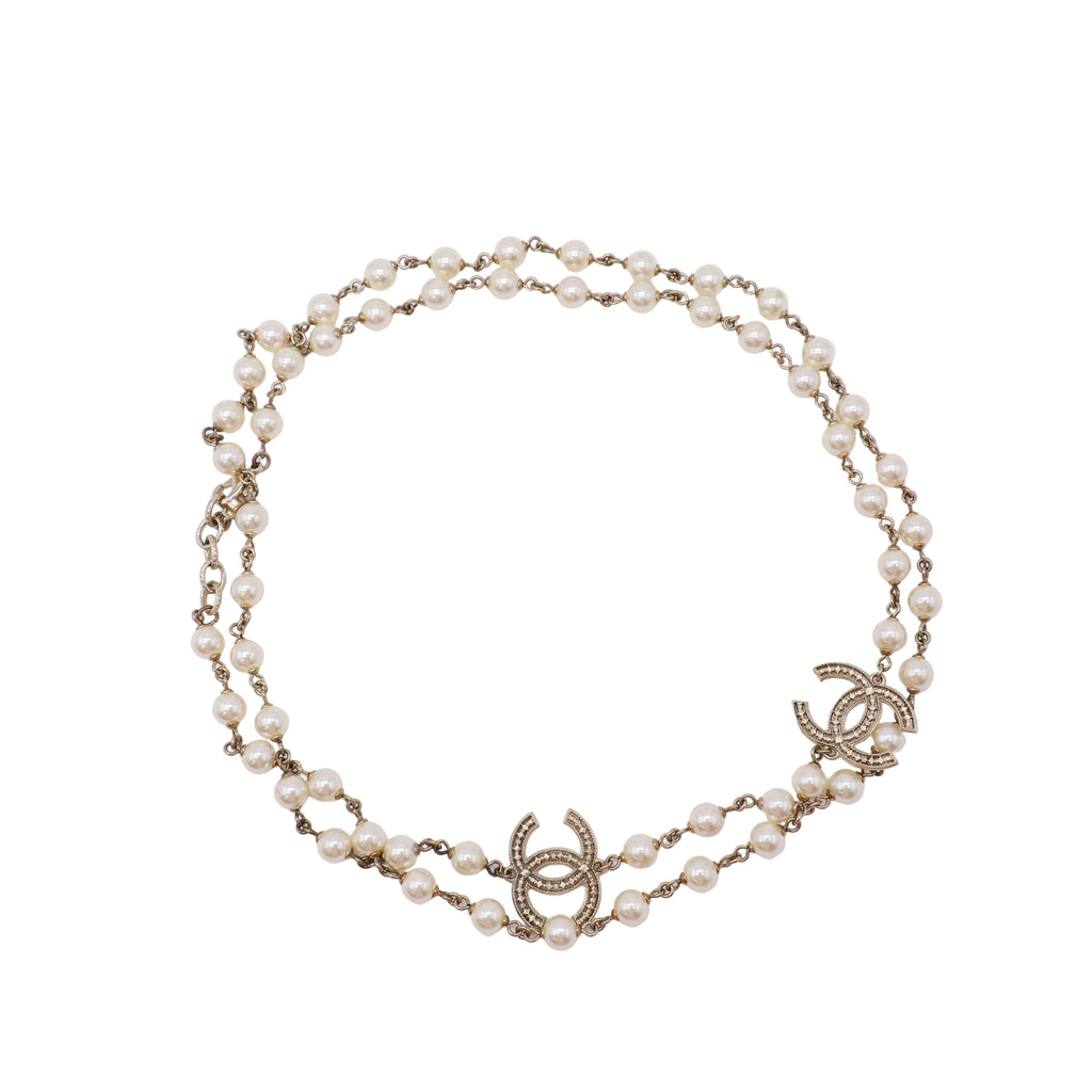 CC Station Long Necklace Faux Pearls with Metal and Crystals Twins W21663