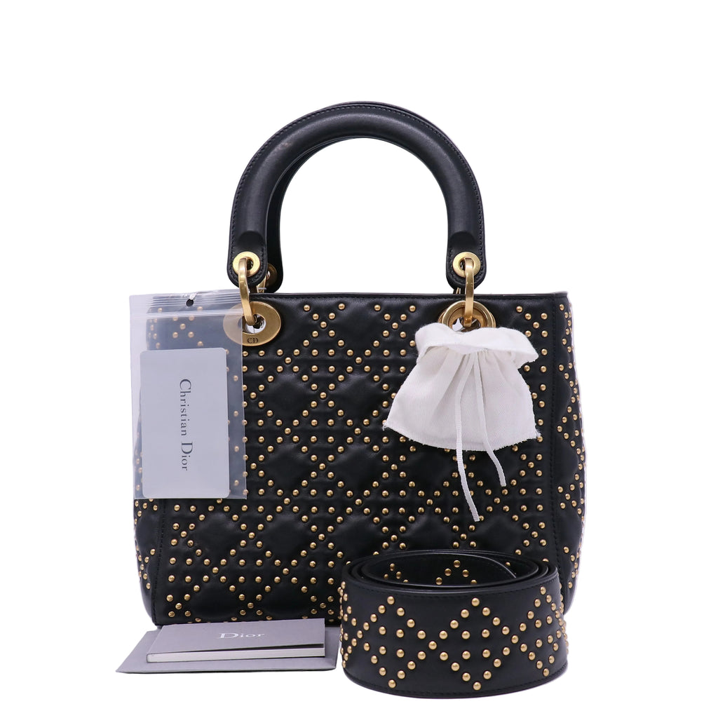 Christian Dior Black Suppled Leather Studded Medium Lady Dior Bag twins  LDJ4450