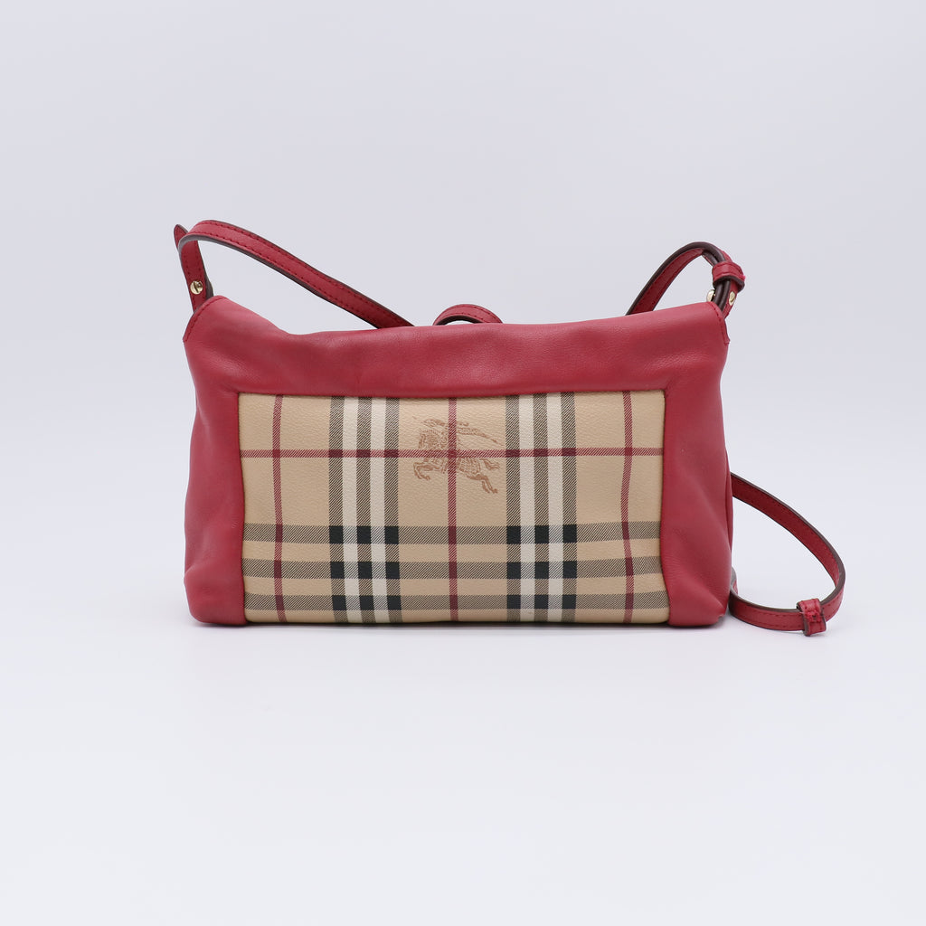 Burberry Haymarket Check Coated Canvas Pink Leather Bow Tie Crossbody Bag twins B21705