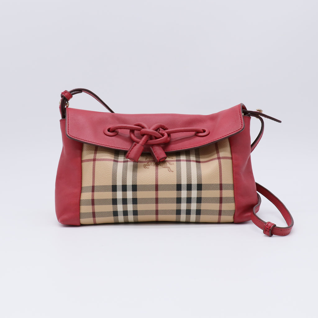 Burberry Haymarket Check Coated Canvas Pink Leather Bow Tie Crossbody Bag twins B21705