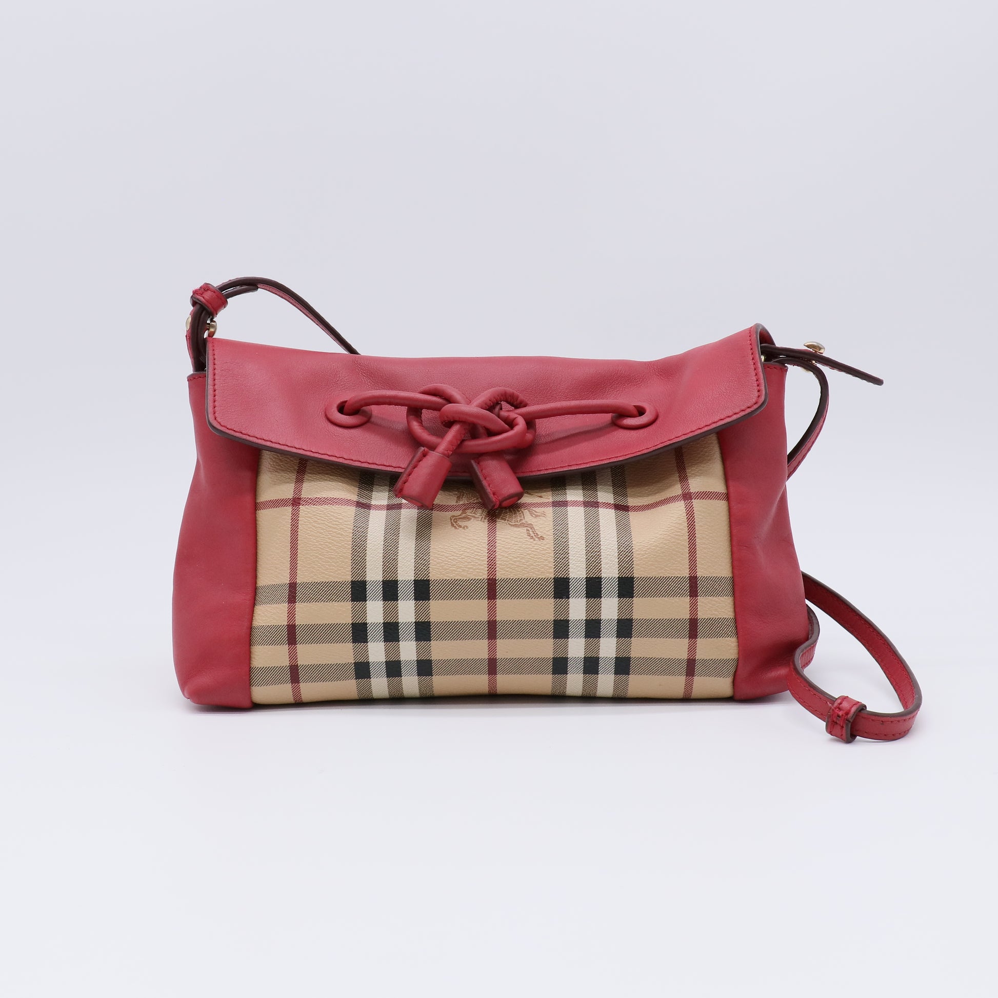Burberry Haymarket Check Coated Canvas Pink Leather Bow Tie Crossbody Bag twins B21705