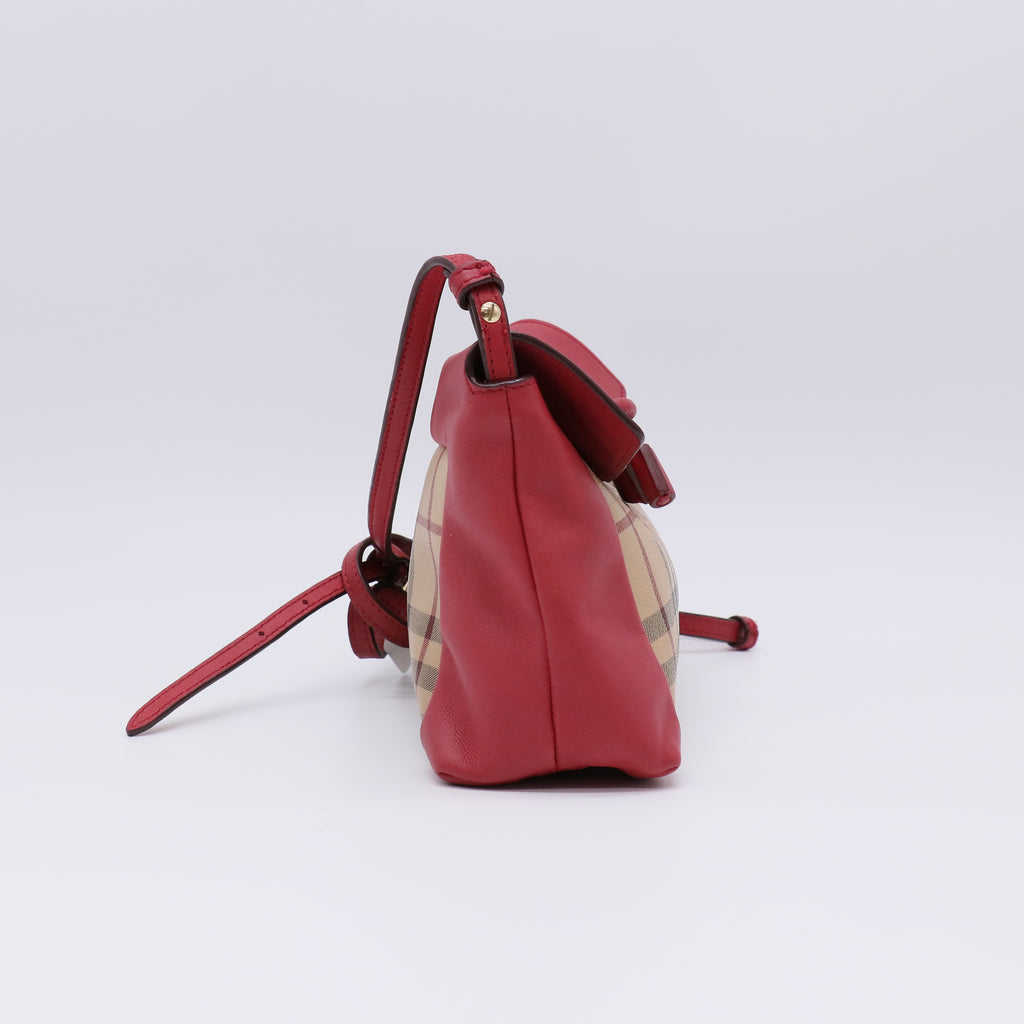 Burberry Haymarket Check Coated Canvas Pink Leather Bow Tie Crossbody Bag twins B21705