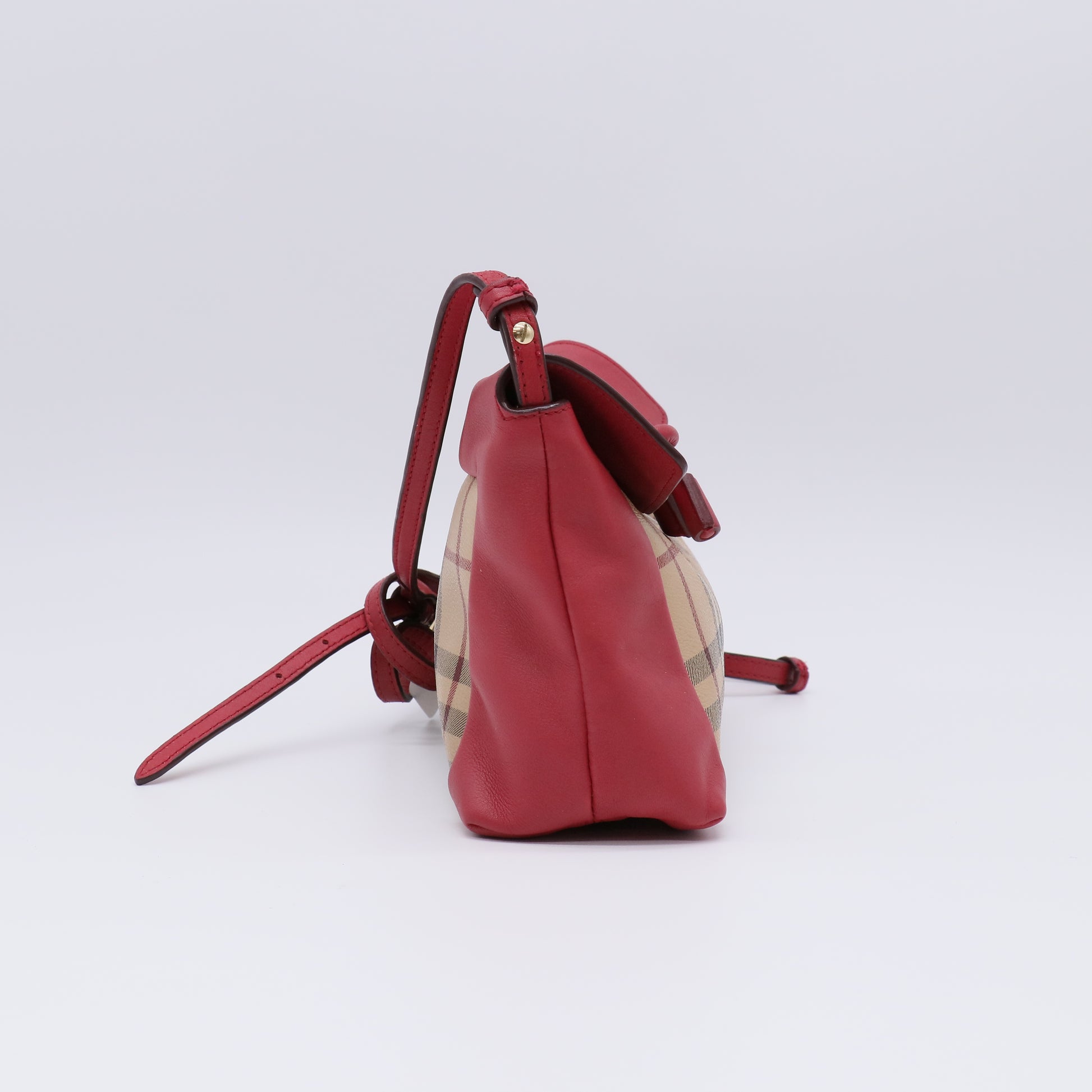 Burberry Haymarket Check Coated Canvas Pink Leather Bow Tie Crossbody Bag twins B21705