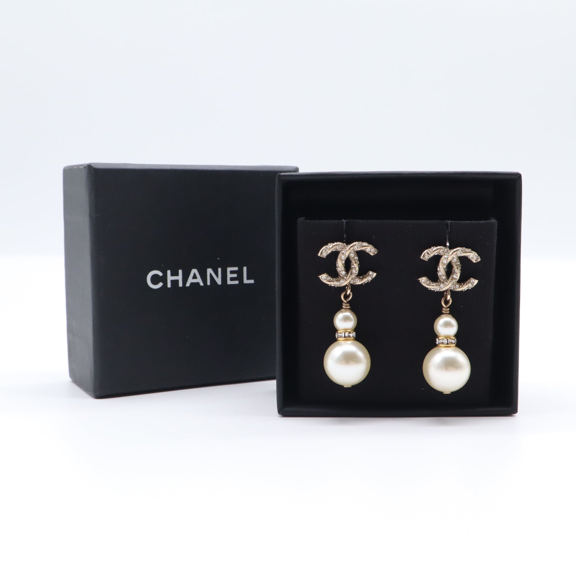 Chanel Crystal CC Faux Pearl Drop Earrings W21712