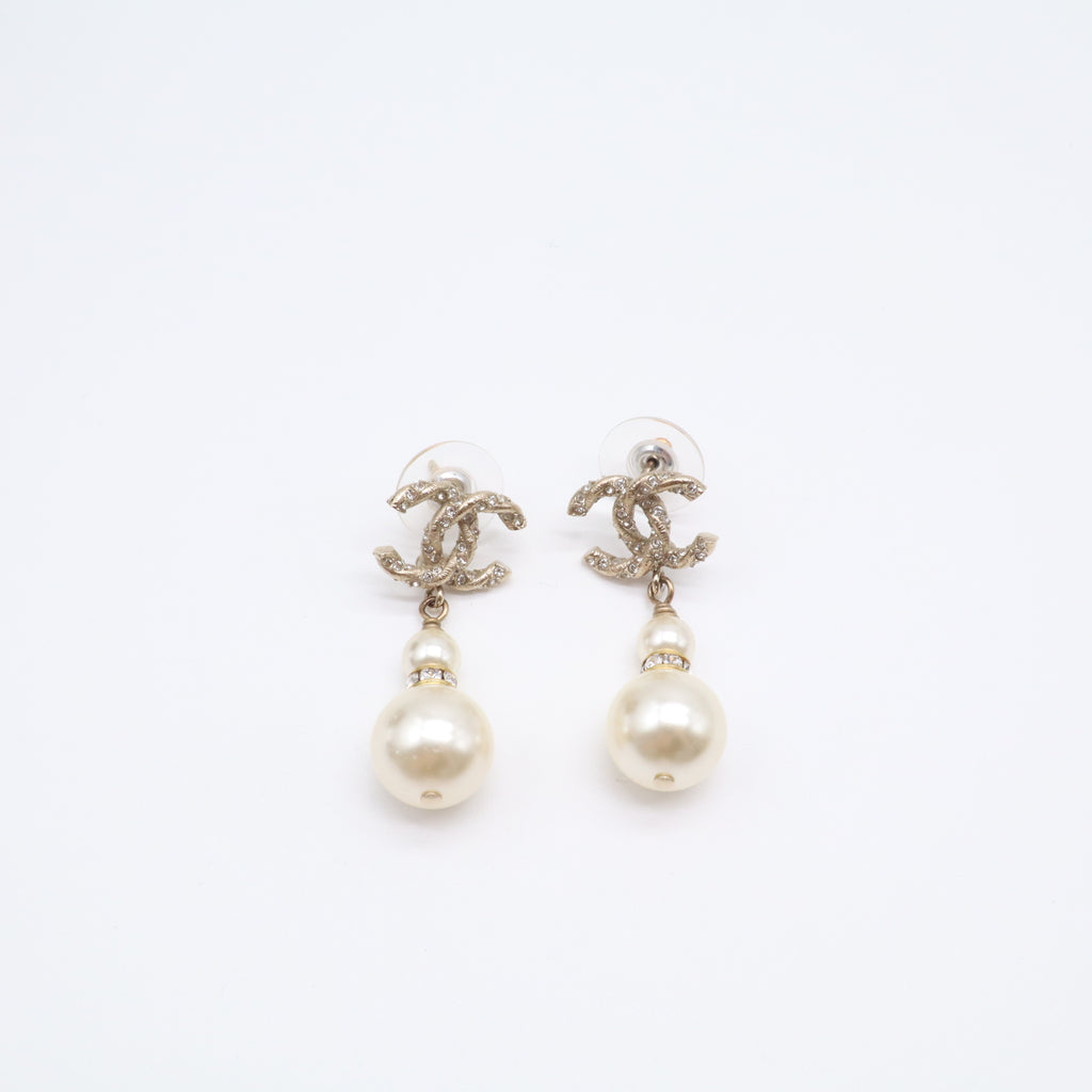 Chanel Crystal CC Faux Pearl Drop Earrings W21712