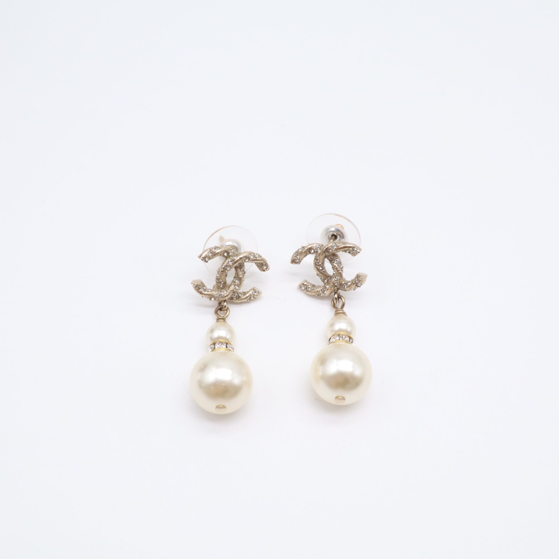 Chanel Crystal CC Faux Pearl Drop Earrings W21712