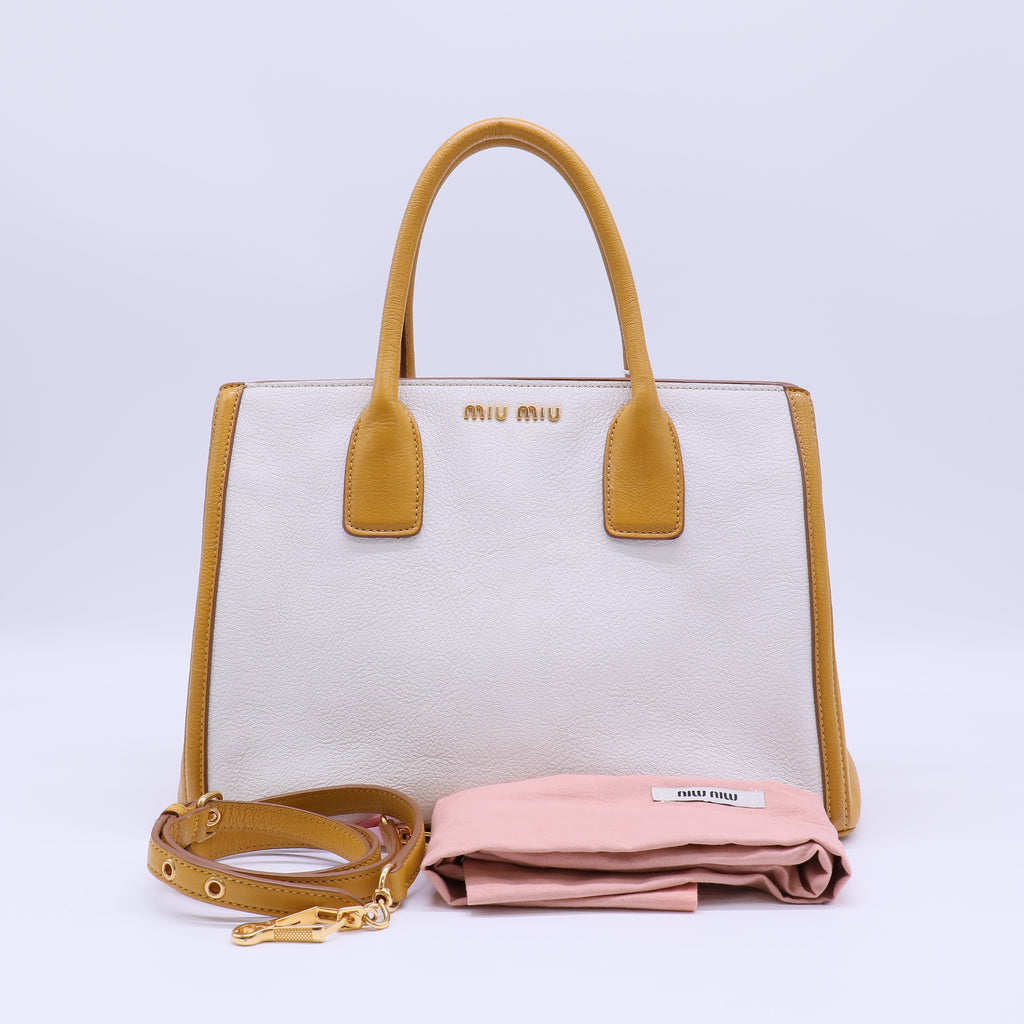 Miu Miu Cipria/Rosso Craquele Leather Tote Bag Twins LDJ4253