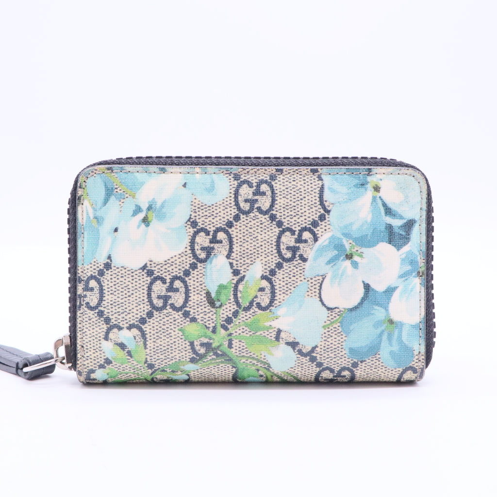 GG Supreme Monogram Blooms Zip Around Card Case Wallet Beige Blue Navy
