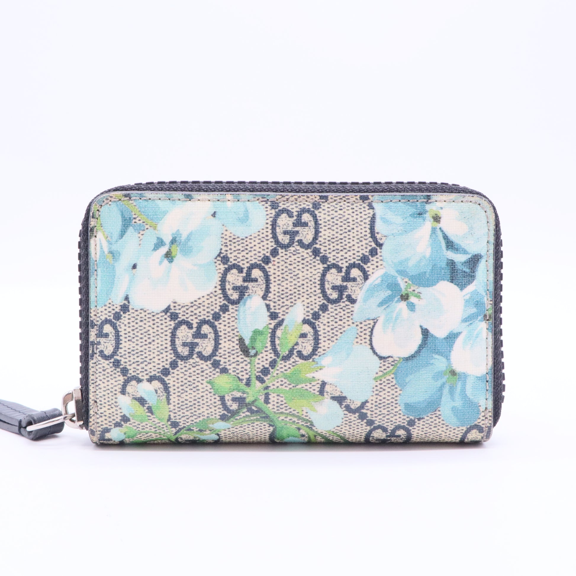 GG Supreme Monogram Blooms Zip Around Card Case Wallet Beige Blue Navy