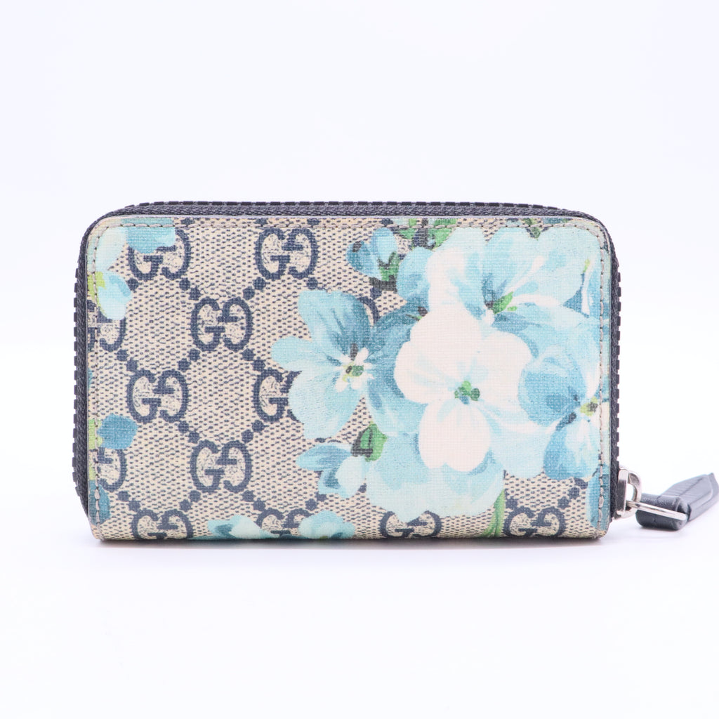 GG Supreme Monogram Blooms Zip Around Card Case Wallet Beige Blue Navy