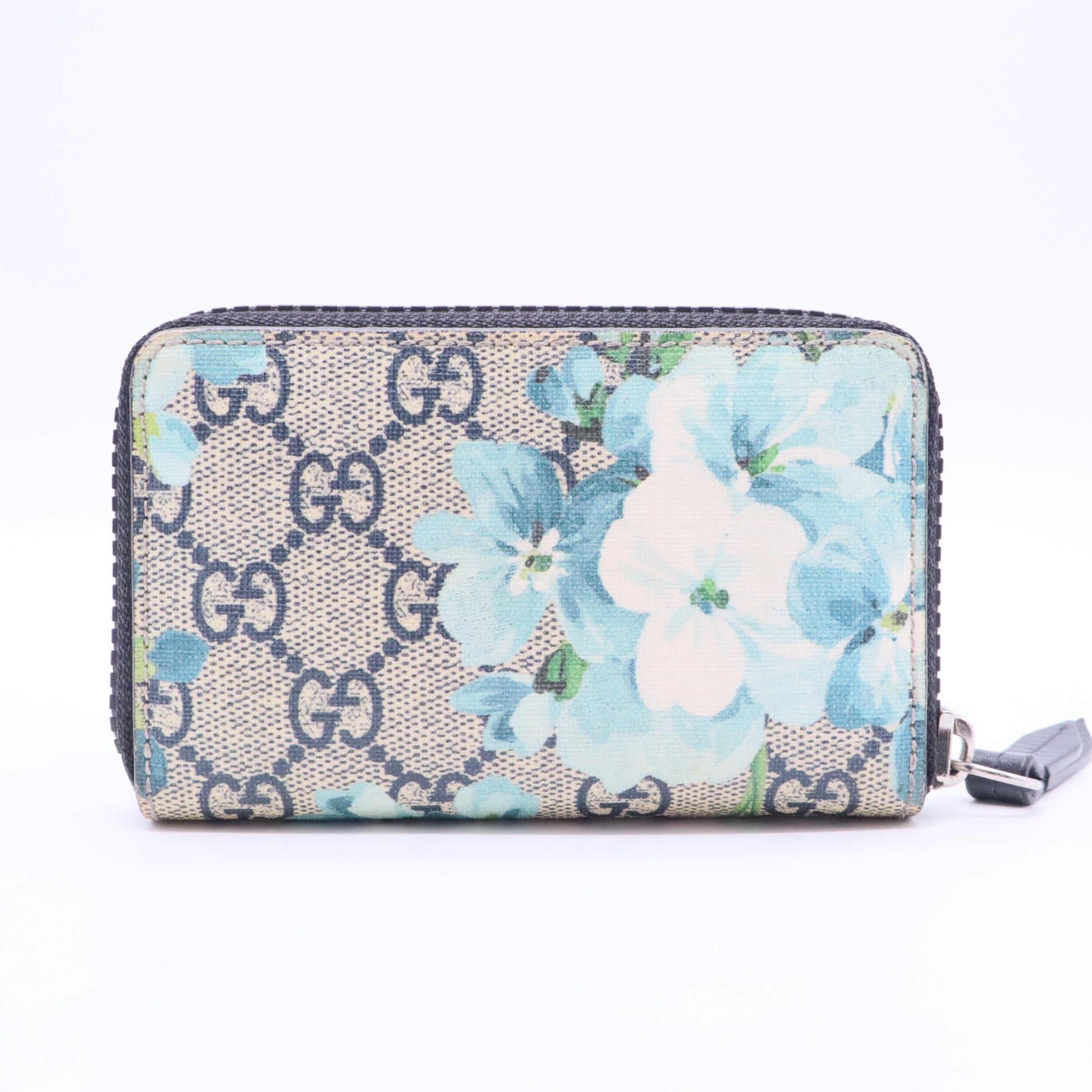 GG Supreme Monogram Blooms Zip Around Card Case Wallet Beige Blue Navy