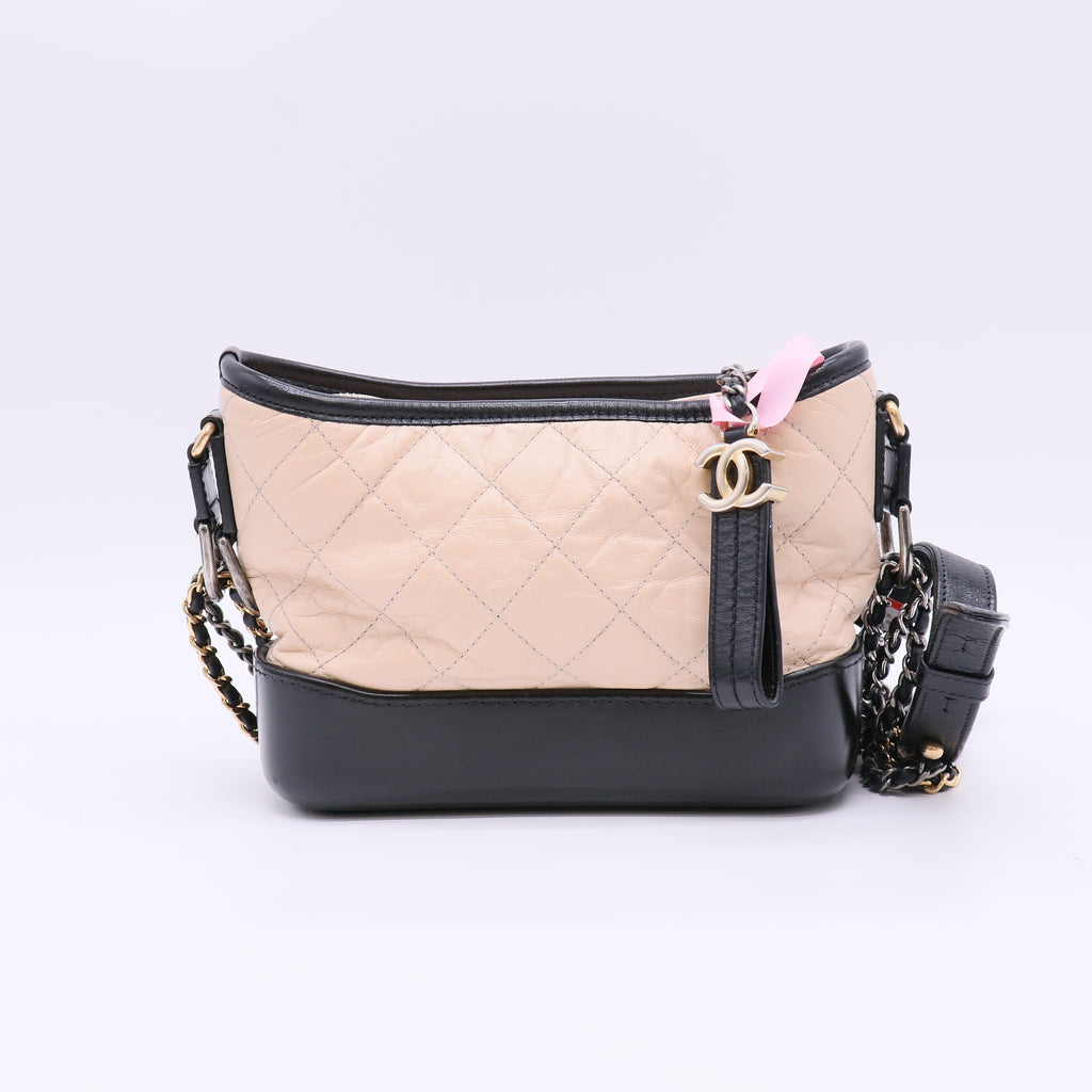 Chanel Aged Calfskin Quilted Small Gabrielle Hobo Bag in Beige and Black Twins LDJ5666