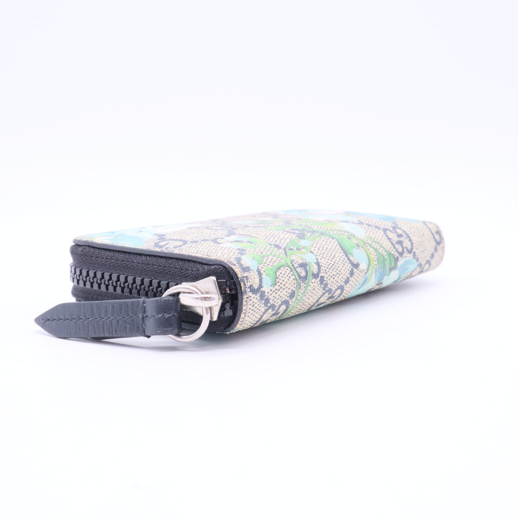 GG Supreme Monogram Blooms Zip Around Card Case Wallet Beige Blue Navy