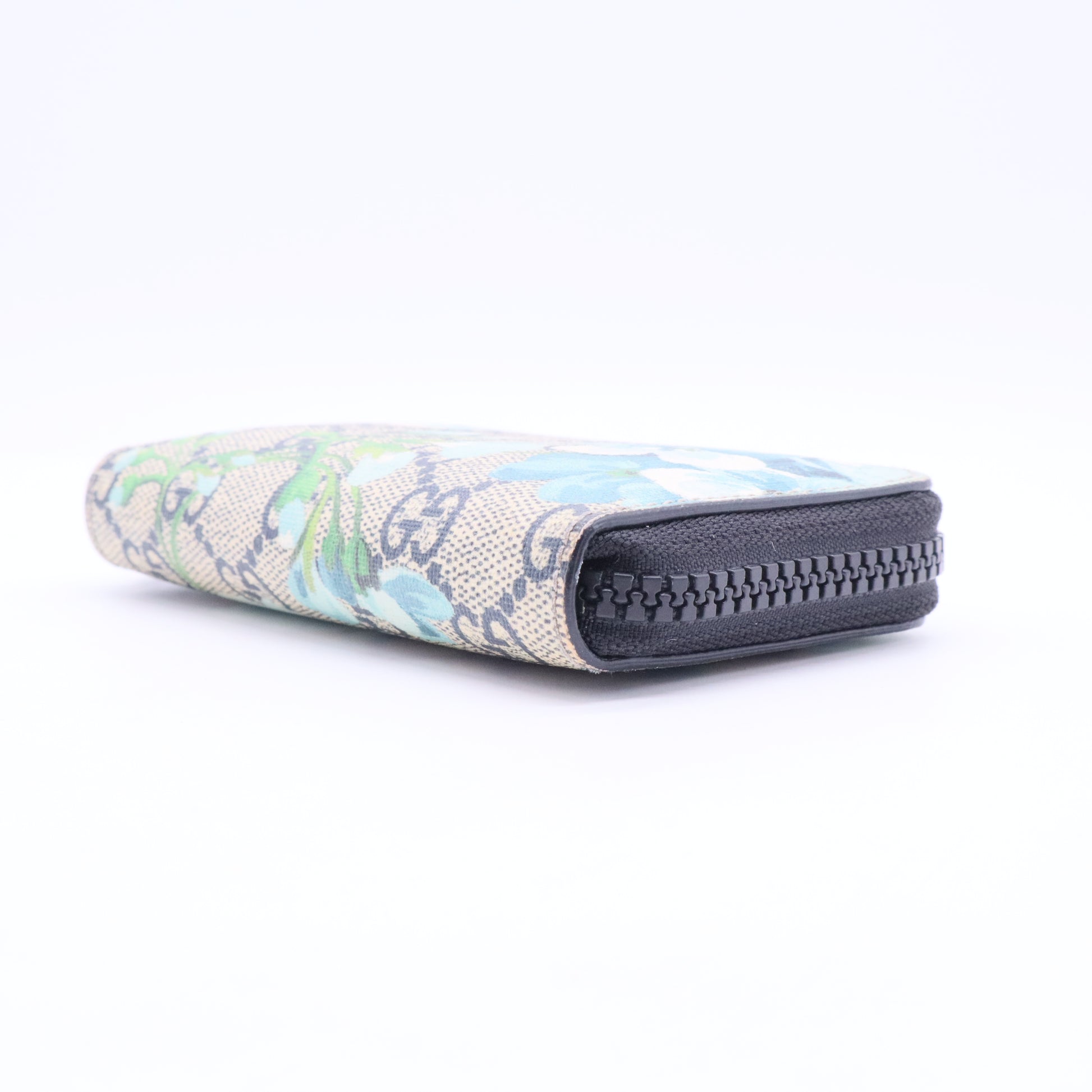 GG Supreme Monogram Blooms Zip Around Card Case Wallet Beige Blue Navy