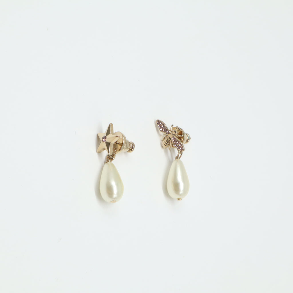 Dior Asymmetric Bee Star Pearl Drop Earrings W21714